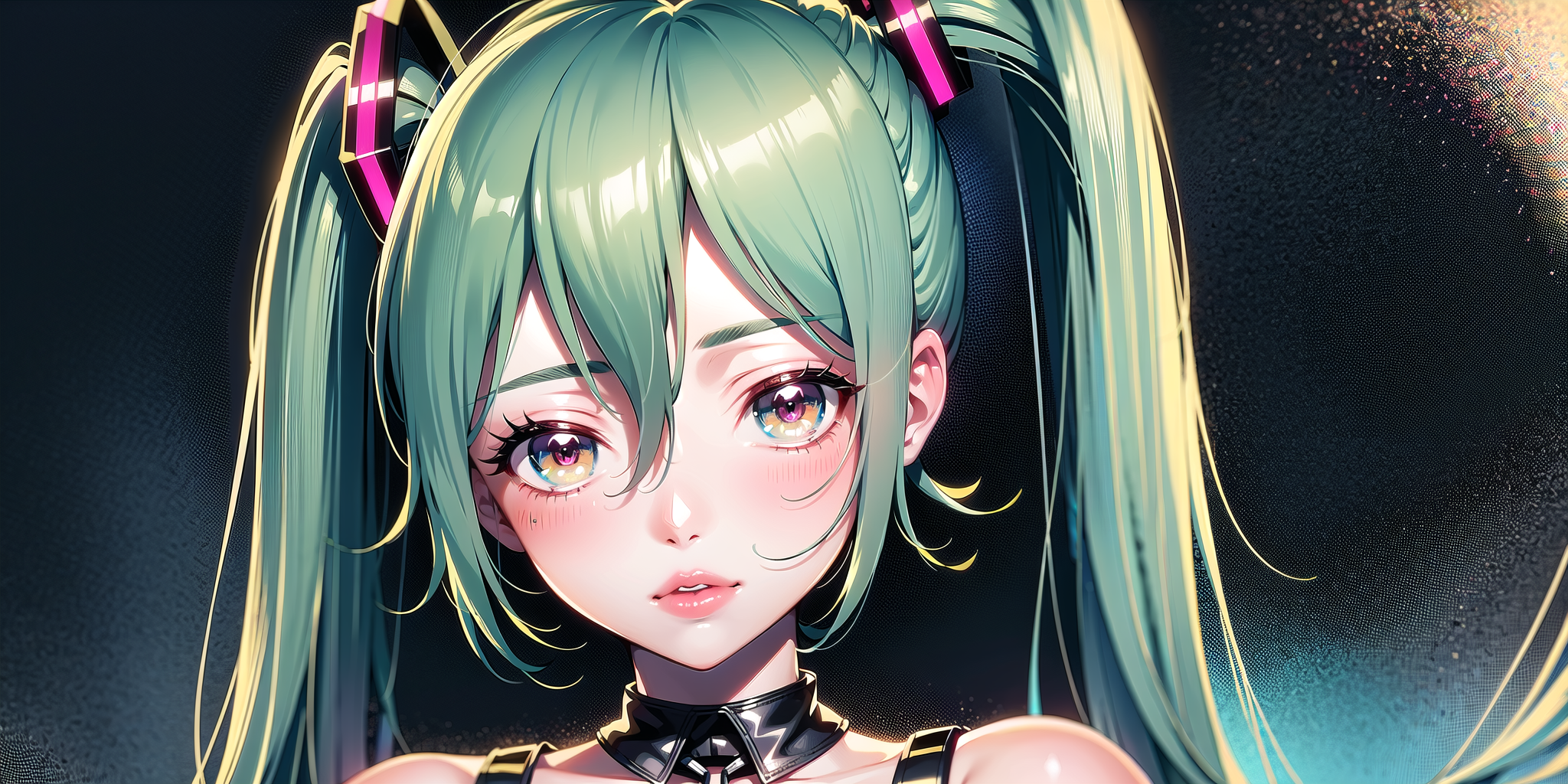 Anime 2048x1024 Stable Diffusion AI art Hatsune Miku portrait anime girls Vocaloid twintails looking at viewer long hair blushing frontal view face green hair simple background