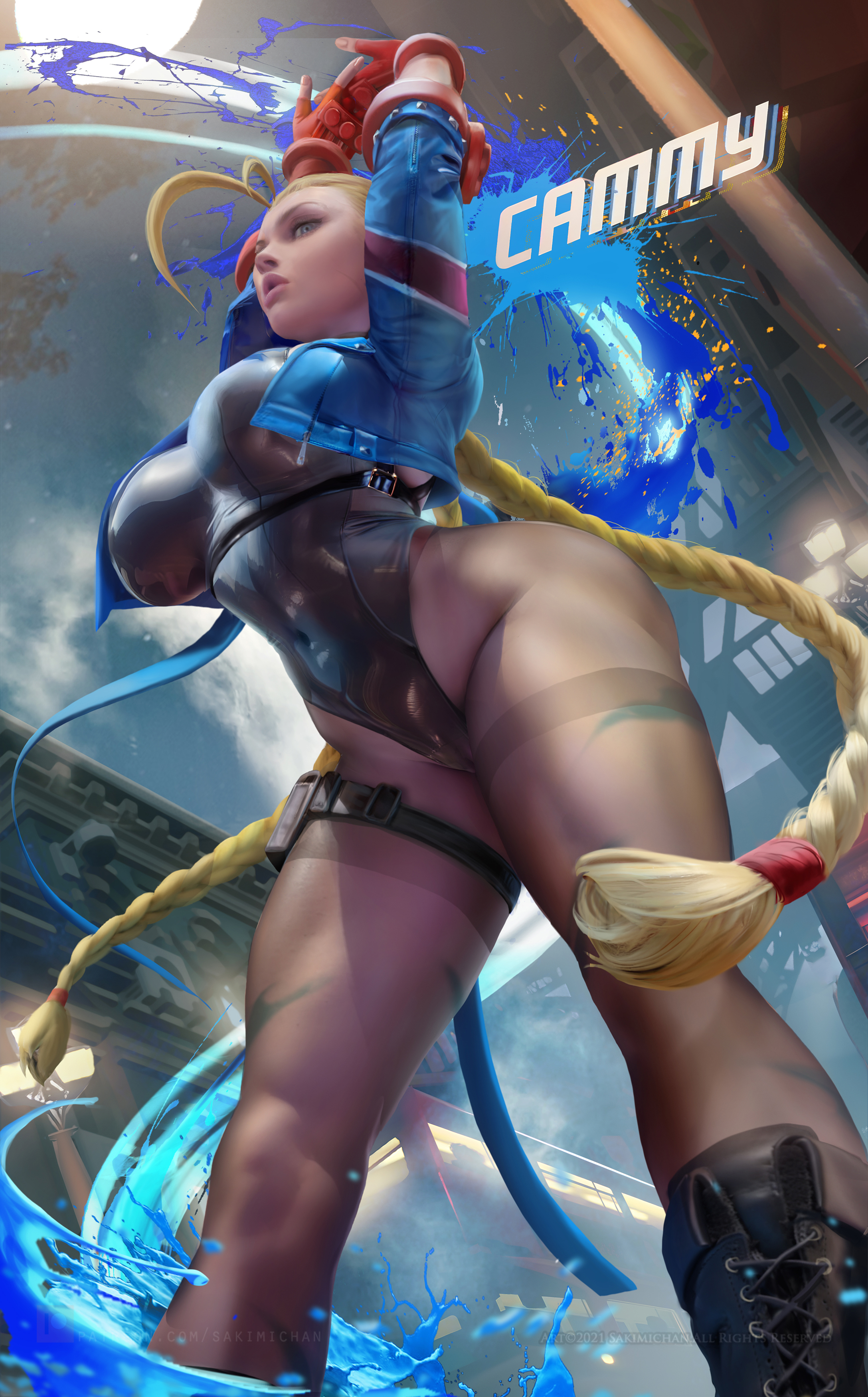General 2175x3500 Cammy White Street Fighter video games video game characters video game girls fighting games blonde twintails braids low-angle Jack (Mass Effect) bodysuit pantyhose 2D artwork drawing fan art Sakimichan portrait display gloves fingerless gloves big boobs looking at viewer long hair digital art watermarked arms up worm's eye view armpits black leotard