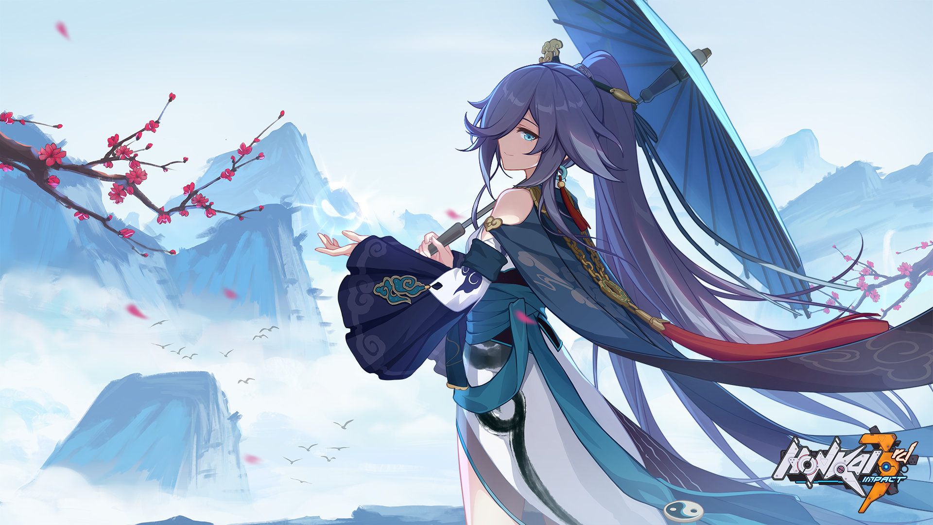 Anime 1920x1080 Honkai Impact Honkai Impact 3rd Fu Hua Fu Hua (Honkai Impact 3rd) video game characters CGI video game girls standing wide sleeves long sleeves arms reaching long hair hair over one eye wind looking at viewer umbrella closed mouth ponytail branch petals title tassels smiling mist video games anime games paper umbrellas ribbon mountains blue eyes