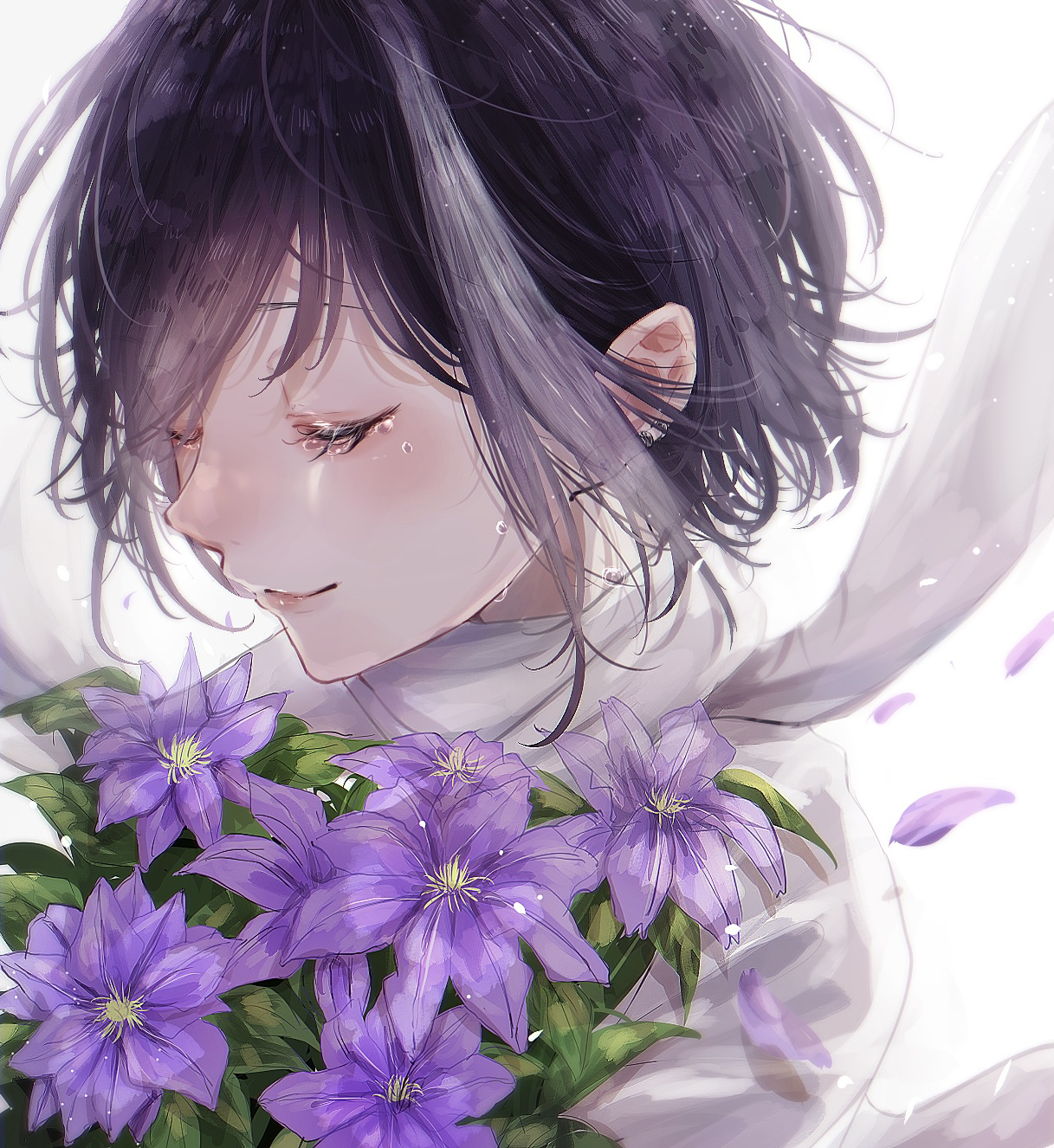 Anime 1217x1326 Sameukiwa closed mouth portrait display flowers purple flowers teardrop white background moles simple background tears two tone hair closed eyes bouquets purple hair pierced ear petals scarf smiling anime anime girls short hair bright crying