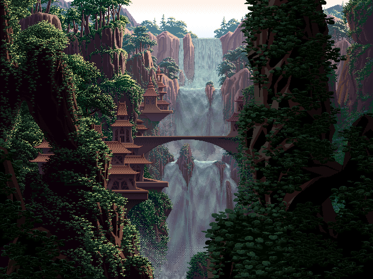 General 1280x960 pixel art nature waterfall forest Mark Ferrari digital art