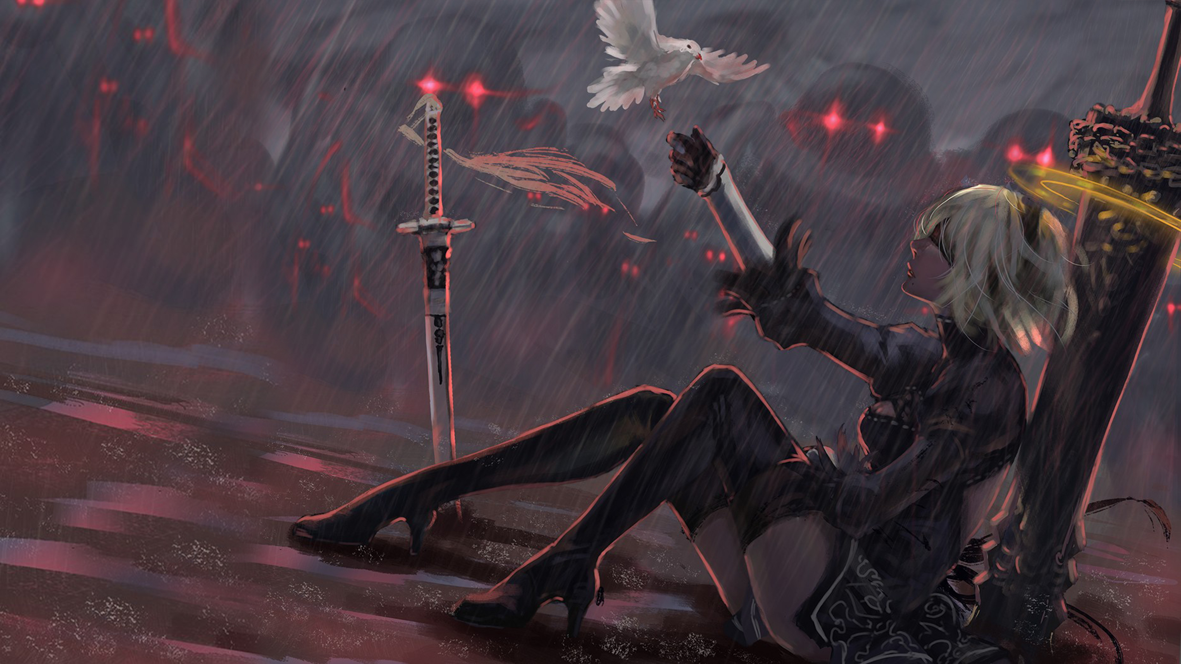 Anime 3840x2160 Nier 2B (Nier: Automata) ZXDDID Nier: Automata blindfold short hair arms reaching animals sword women with swords sitting robot rain bent legs thigh-highs black thigh highs thighs white hair long sleeves feather-trimmed sleeves thigh high boots dove digital art