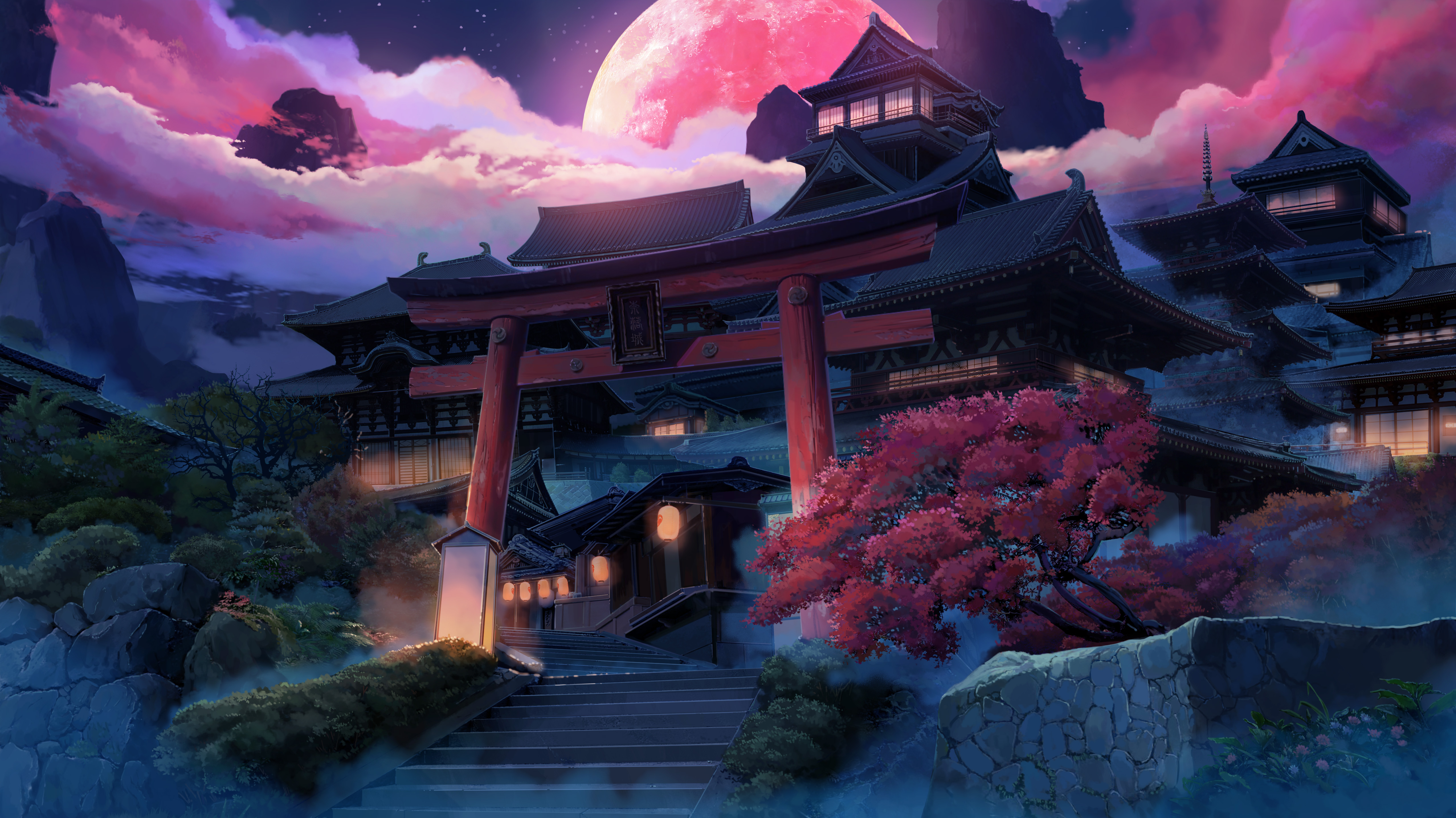 General 5111x2874 digital art artwork illustration environment night nightscape torii clouds Moon architecture building castle