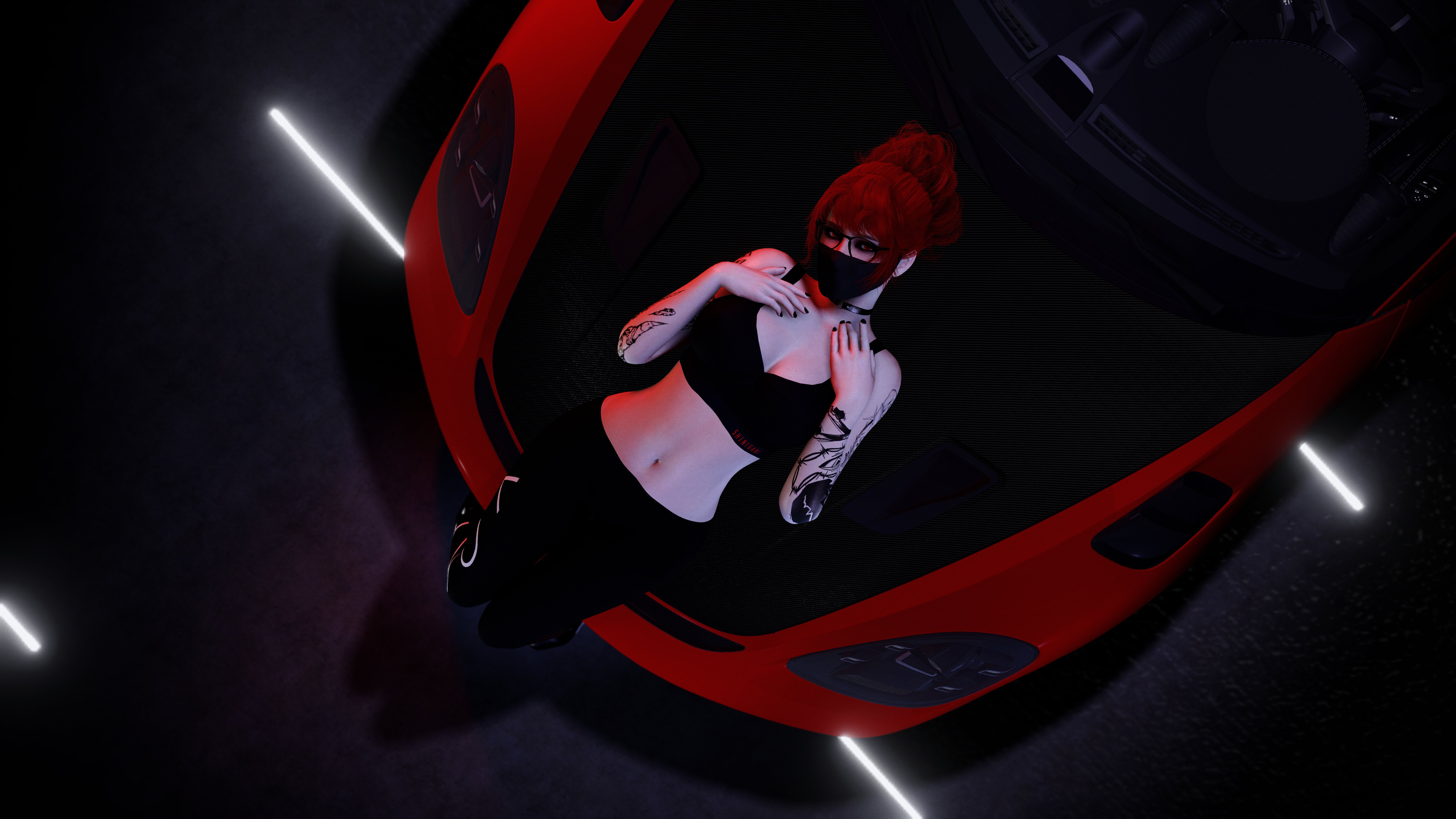 General 7680x4320 Mary Mushkin NoPixel digital art belly cleavage looking at viewer mask women with glasses redhead hairbun tattoo Porsche GT4 RS choker black nails leggings tank top frontal view headlights glasses painted nails car looking up