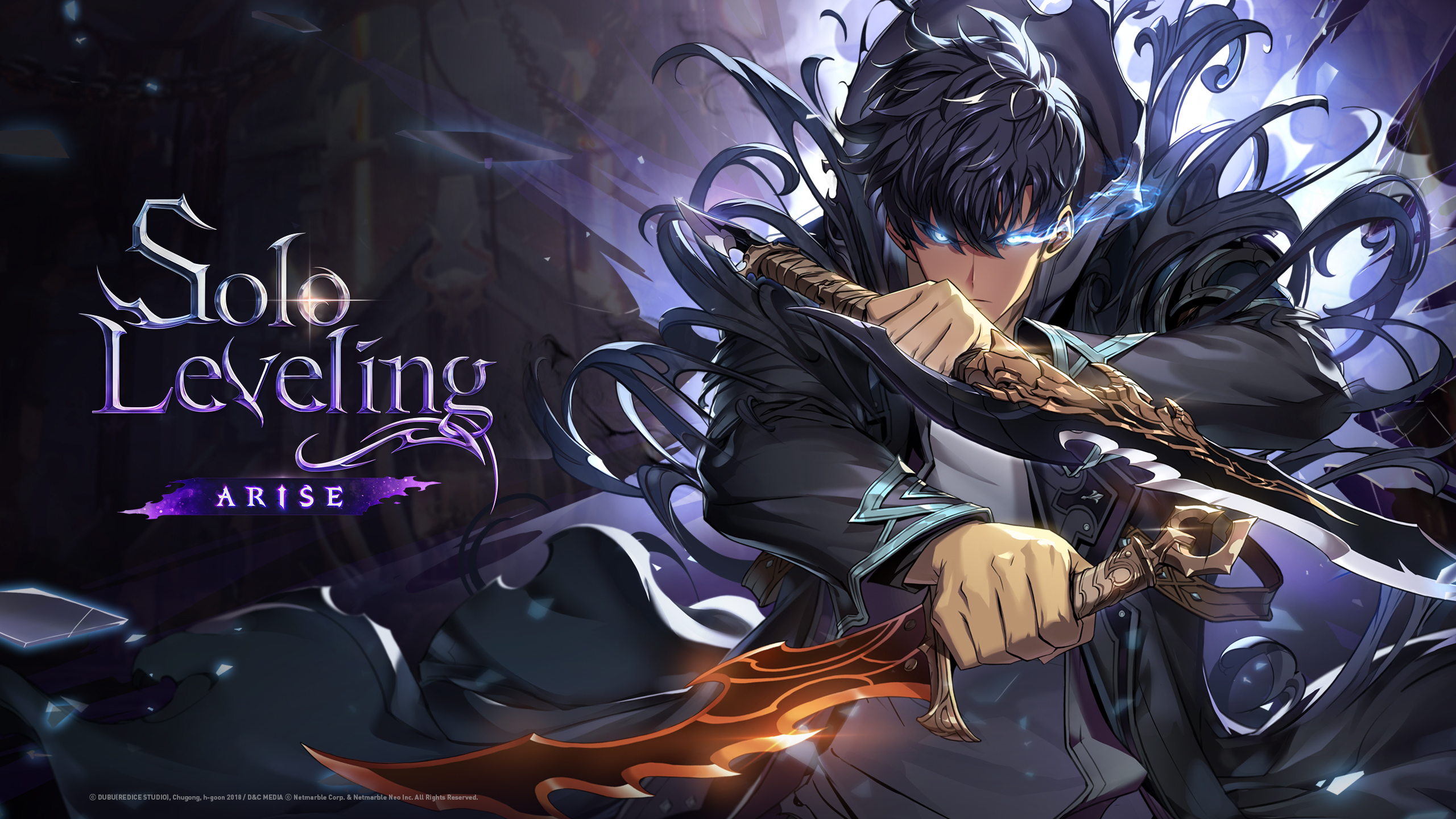Anime 2560x1440 Sung Jin Woo Arise Solo Leveling anime dual wield watermarked short hair blue eyes anime boys weapon dark hair looking at viewer 2018 (year) closed mouth frown open jacket jacket anime games title