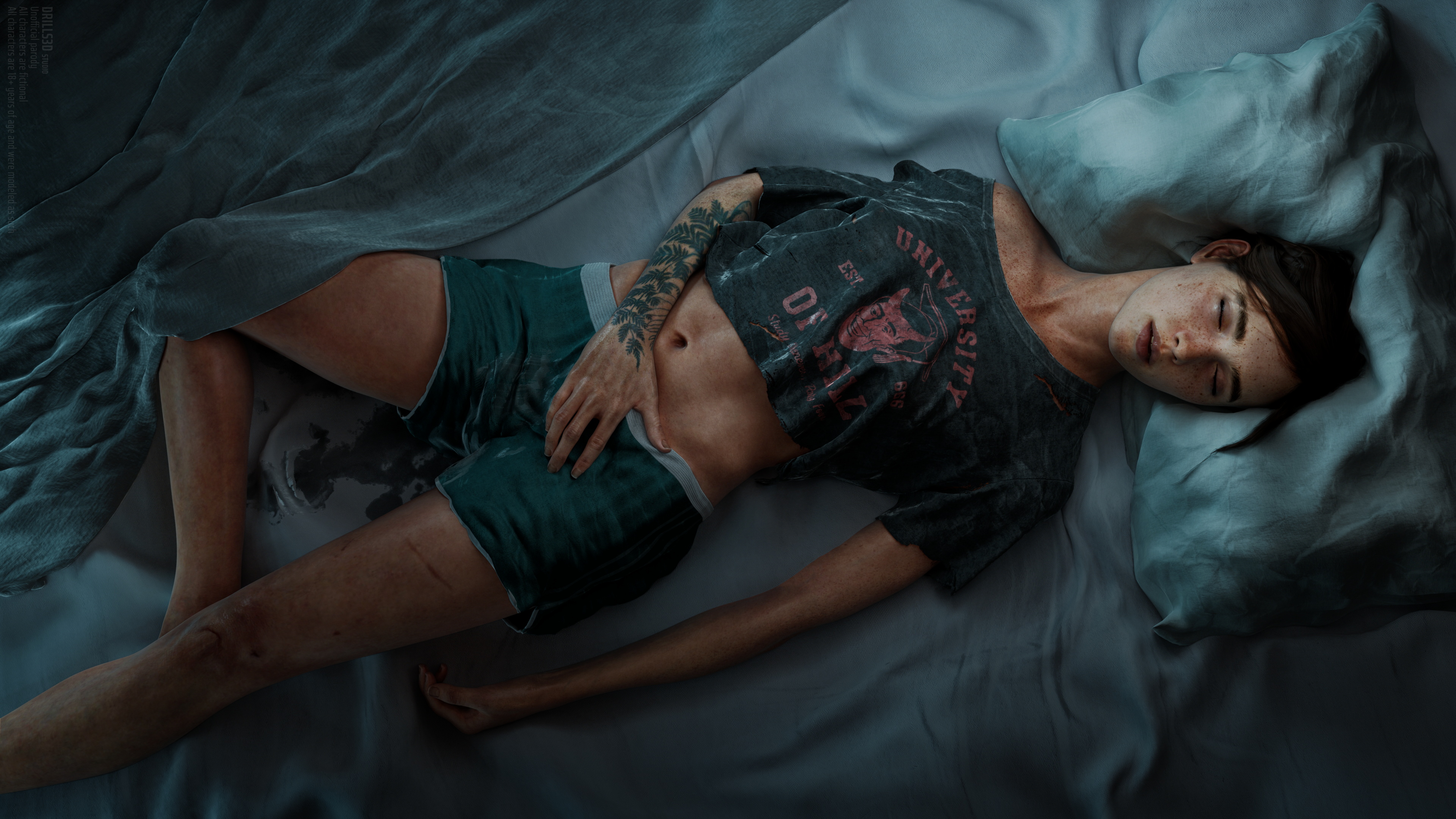 General 3840x2160 illustration artwork digital art The Last of Us Ellie Williams short hair in bed belly belly button closed eyes parted lips video games video game girls shorts short tops tattoo freckles top view video game characters CGI The Last of Us 2 fan art