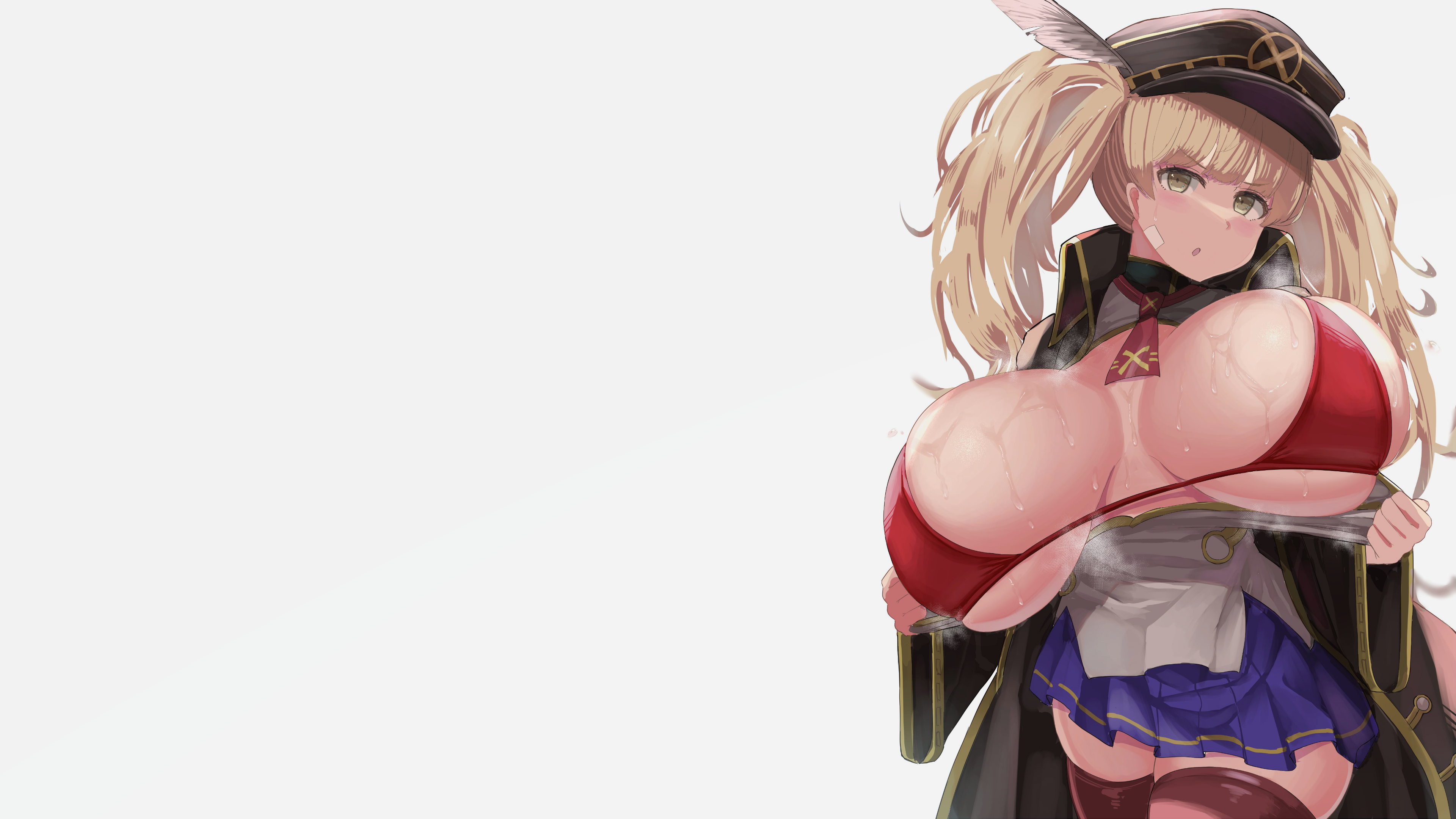 Anime 3840x2160 boobs simple background Monika Weisswind (Granblue Fantasy) huge breasts long hair Granblue Fantasy blonde yellow eyes open mouth anime girls thigh-highs skindentation hat women with hats bikini wide sleeves long sleeves pulling clothing bikini top looking at viewer standing skirt thighs wet