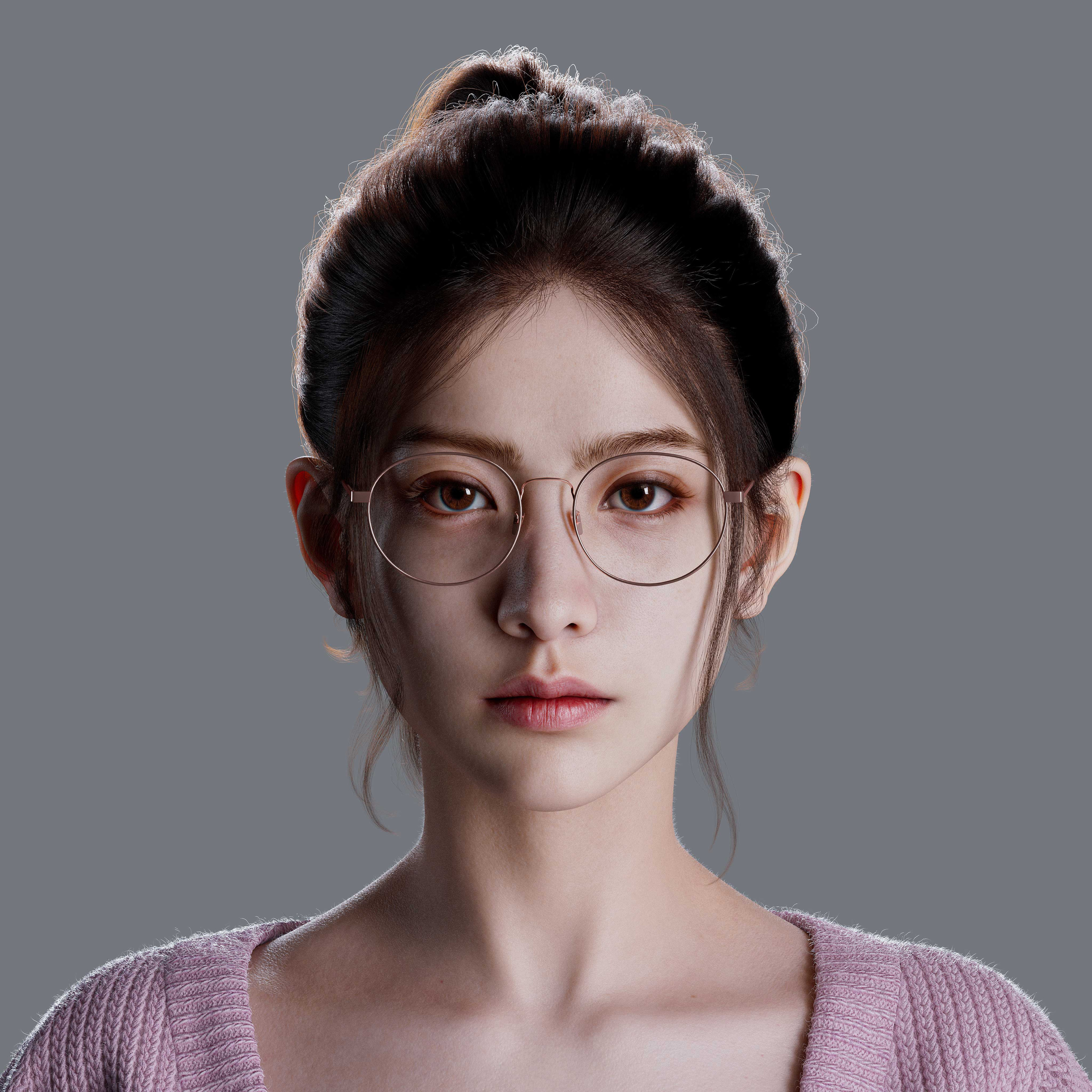 General 3840x3840 women Asian face glasses women with glasses Forever (artist) short hair simple background CGI closed mouth brunette collarbone frontal view brown eyes backlighting