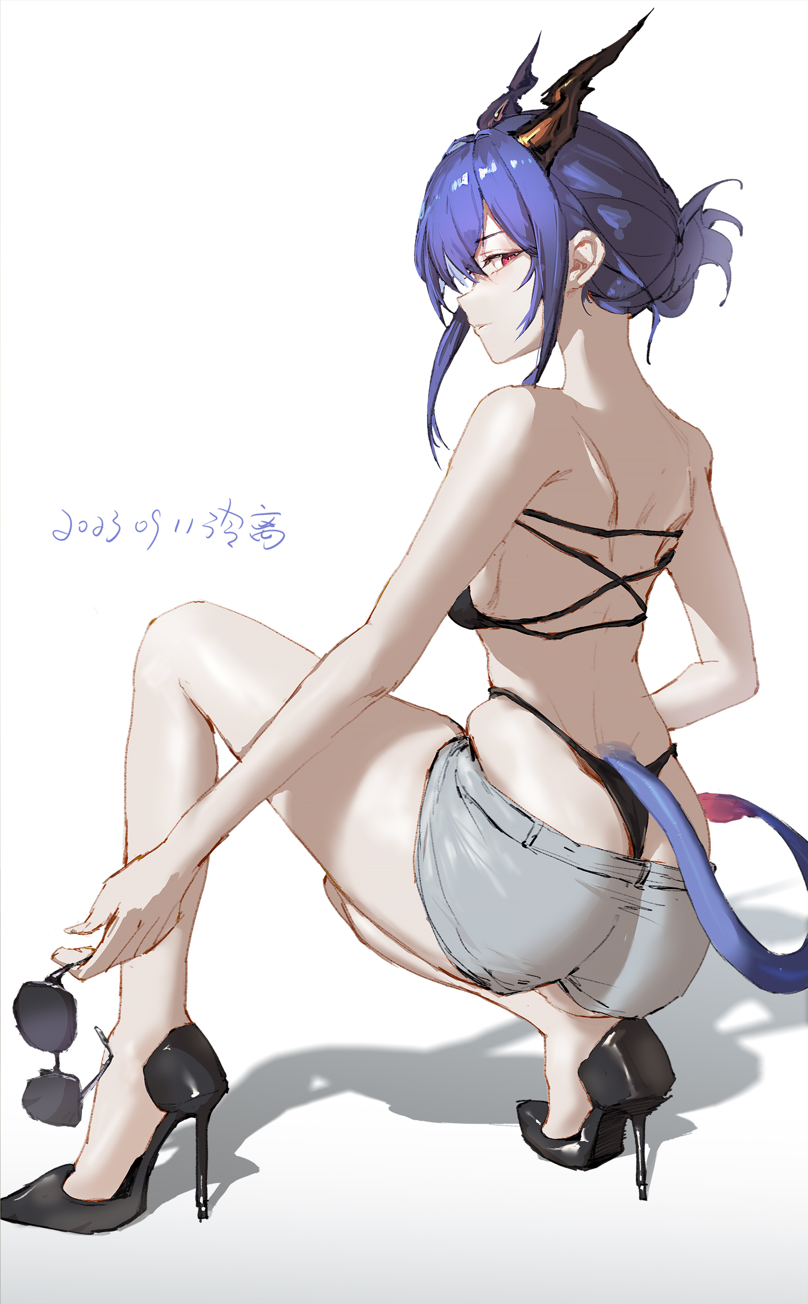 General 1587x2560 Arknights Chen (Arknights) anime girls high heels simple background ass heels looking over shoulder white background skinny 2023 (year) looking back looking at viewer squatting long hair black hair hair between eyes horns red eyes bent legs women with shades dated sunglasses closed mouth