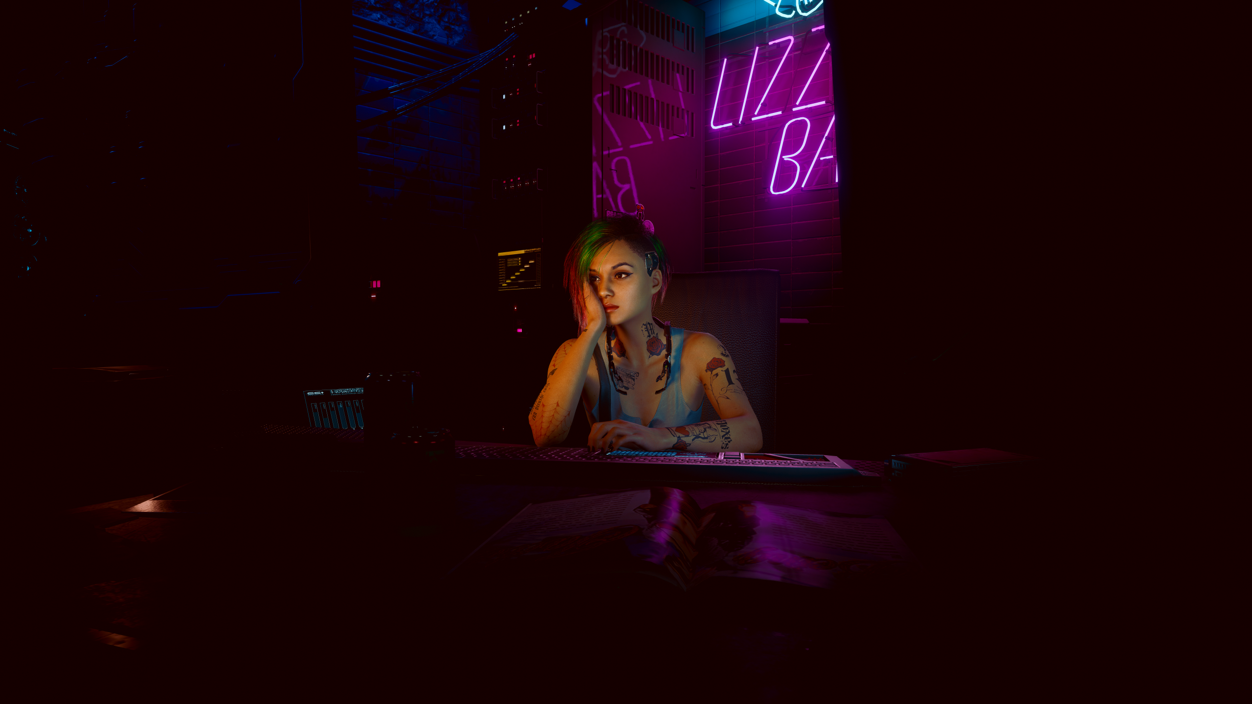 General 2560x1440 Cyberpunk 2077 Judy Alvarez digital art video games low light video game characters CGI video game girls short hair video game art screen shot tattoo looking away touching face neon night sitting chair keyboards closed mouth technology reflection sleeveless