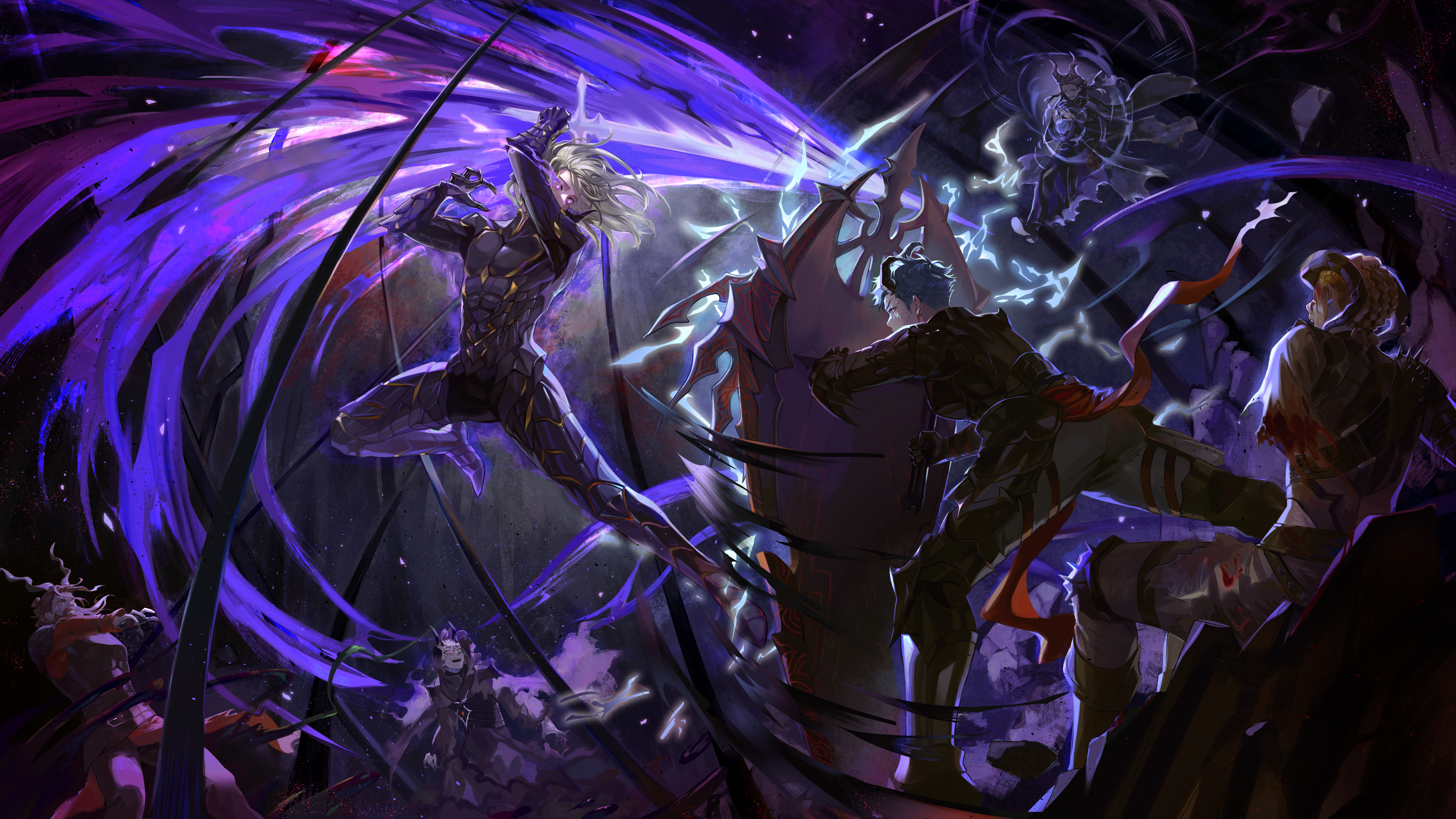 Anime 6664x3751 Arthur Leywin fighting purple flames swordsman shield anime men The Beginning After The End sword men with swords armor anime boys