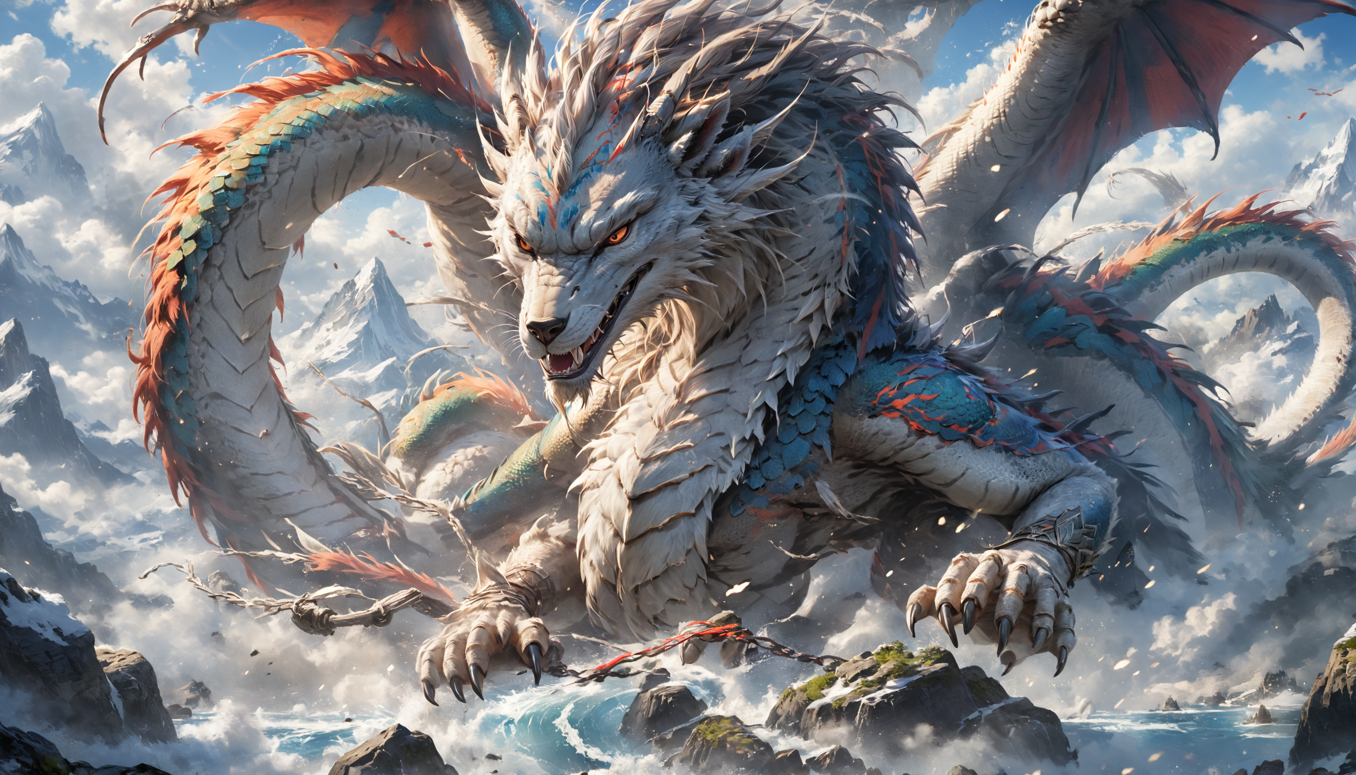 General 2688x1536 AI art dragon wolf clouds horns wings rocks chains fur scales claws sky creature