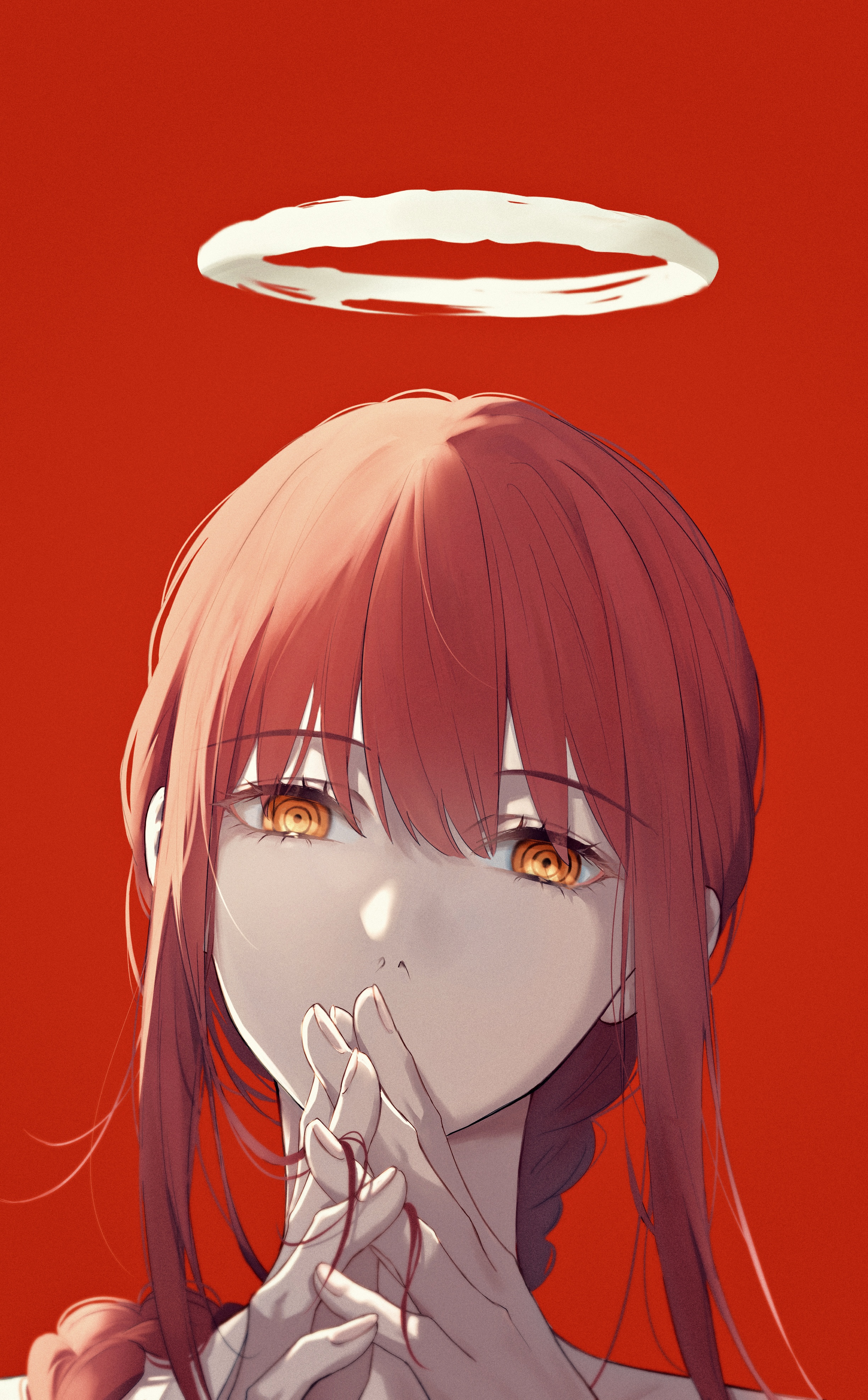 Anime 2448x3950 Makima (Chainsaw Man) Chainsaw Man redhead digital art long hair red background face simple background halo ringed eyes yellow eyes looking at viewer ponytail hair between eyes braids anime girls hand(s) in hair fingers interlaced fingers