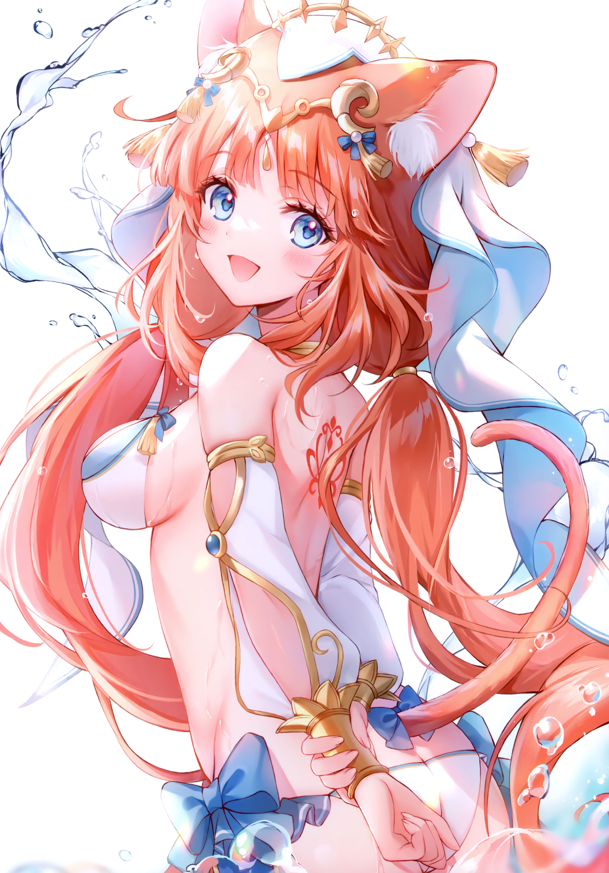 Anime 2096x3002 anime anime games anime girls Genshin Impact Nilou (Genshin Impact) animal ears blushing sideboob open mouth portrait display long hair white background smiling simple background boobs arm(s) behind back water cat girl cat ears cat tail looking at viewer arched back circlet bright water drops