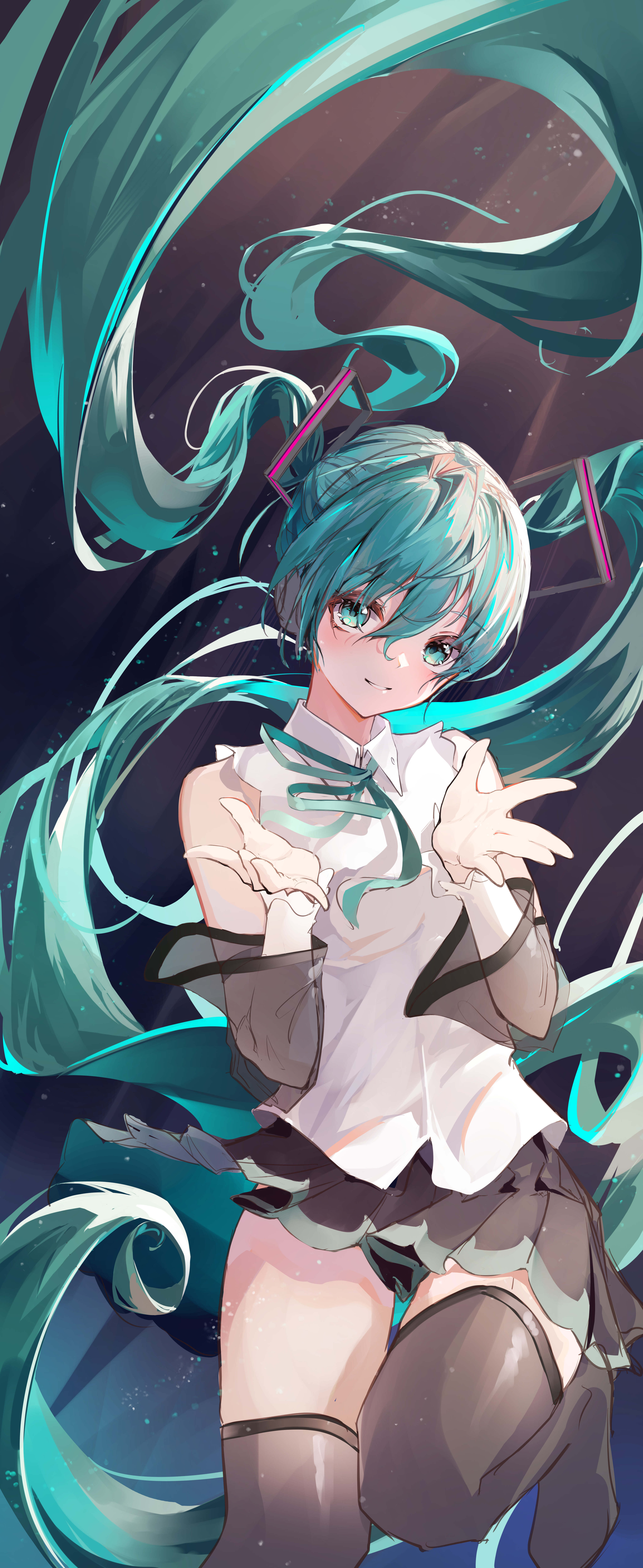 Anime 4093x9983 Hatsune Miku anime anime girls long hair hair between eyes skirt looking at viewer blue hair portrait display thigh-highs black thigh highs ribbon Vocaloid parted lips blue eyes bare shoulders thighs twintails frills skinny detached sleeves zettai ryouiki head tilt