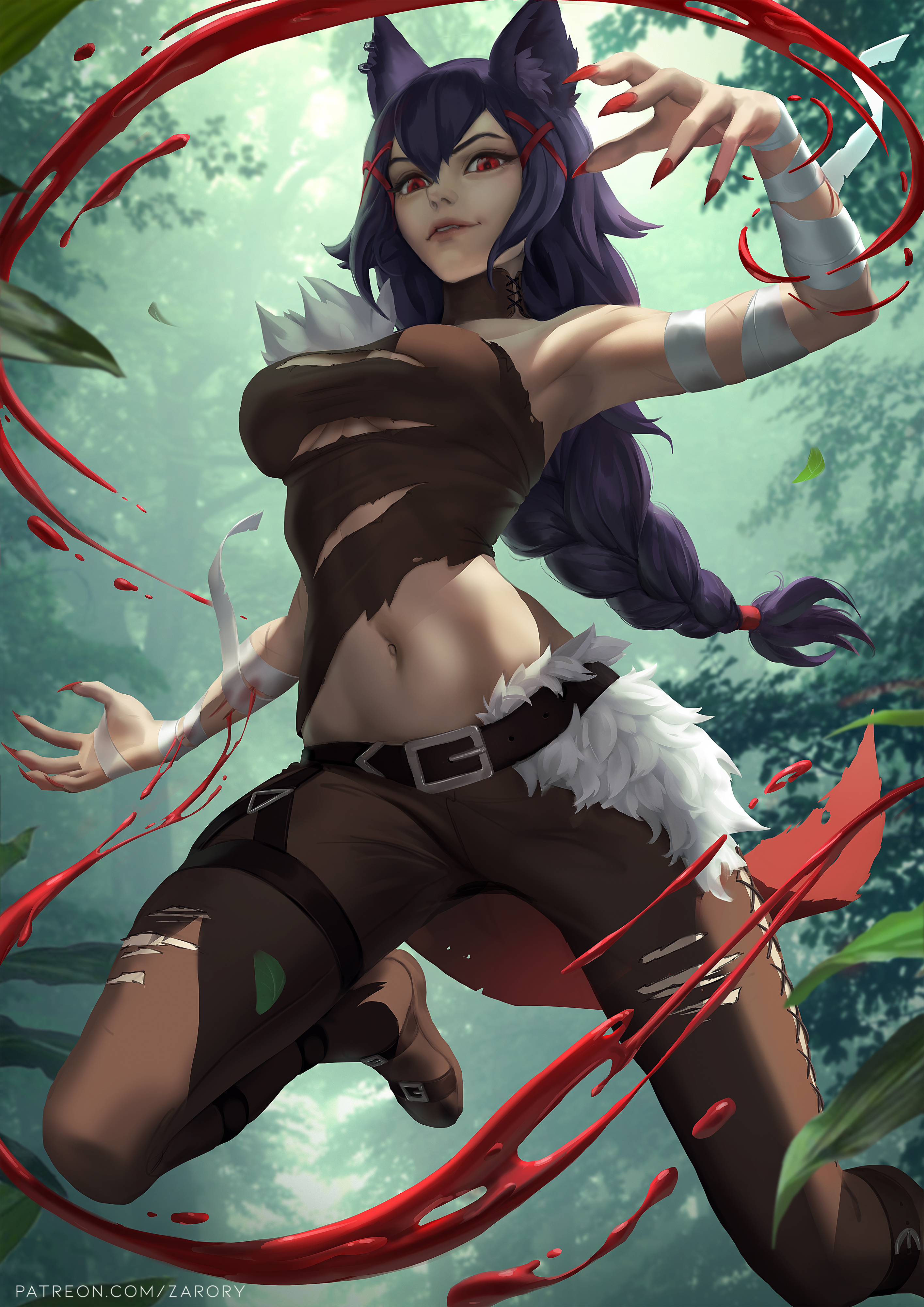 Anime 2830x4000 fantasy girl anime girls original characters artwork drawing Zarory Saber (OC) hair between eyes anime portrait display long hair parted lips dark hair red eyes looking at viewer torn clothes blood red nails painted nails long nails watermarked leaves hair ornament wolf girls wolf ears skinny scars fur armpits women outdoors