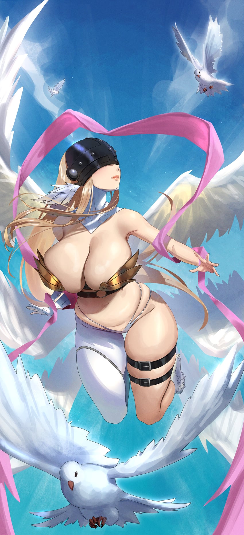 Anime 850x1864 Digimon angewomon portrait display anime girls looking up angel wings skimpy clothes helmet huge breasts cleavage pink ribbon thigh strap bare shoulders birds women outdoors sky Togashi parted lips wings long hair dove angel