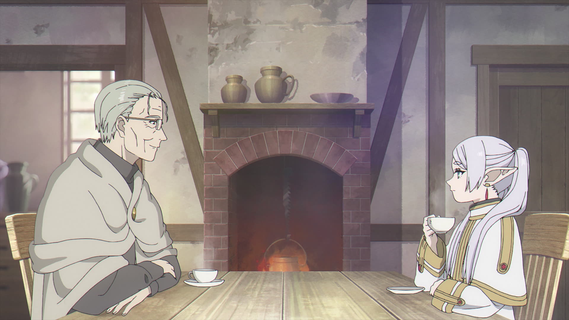 Anime 1920x1080 Frieren Heiter (Sousou no Frieren) cleric tea time sitting Sousou No Frieren face to face anime men women indoors Mages men indoors anime girls pointy ears long hair men with glasses glasses fireplace wooden table chair cup plates anime Anime screenshot