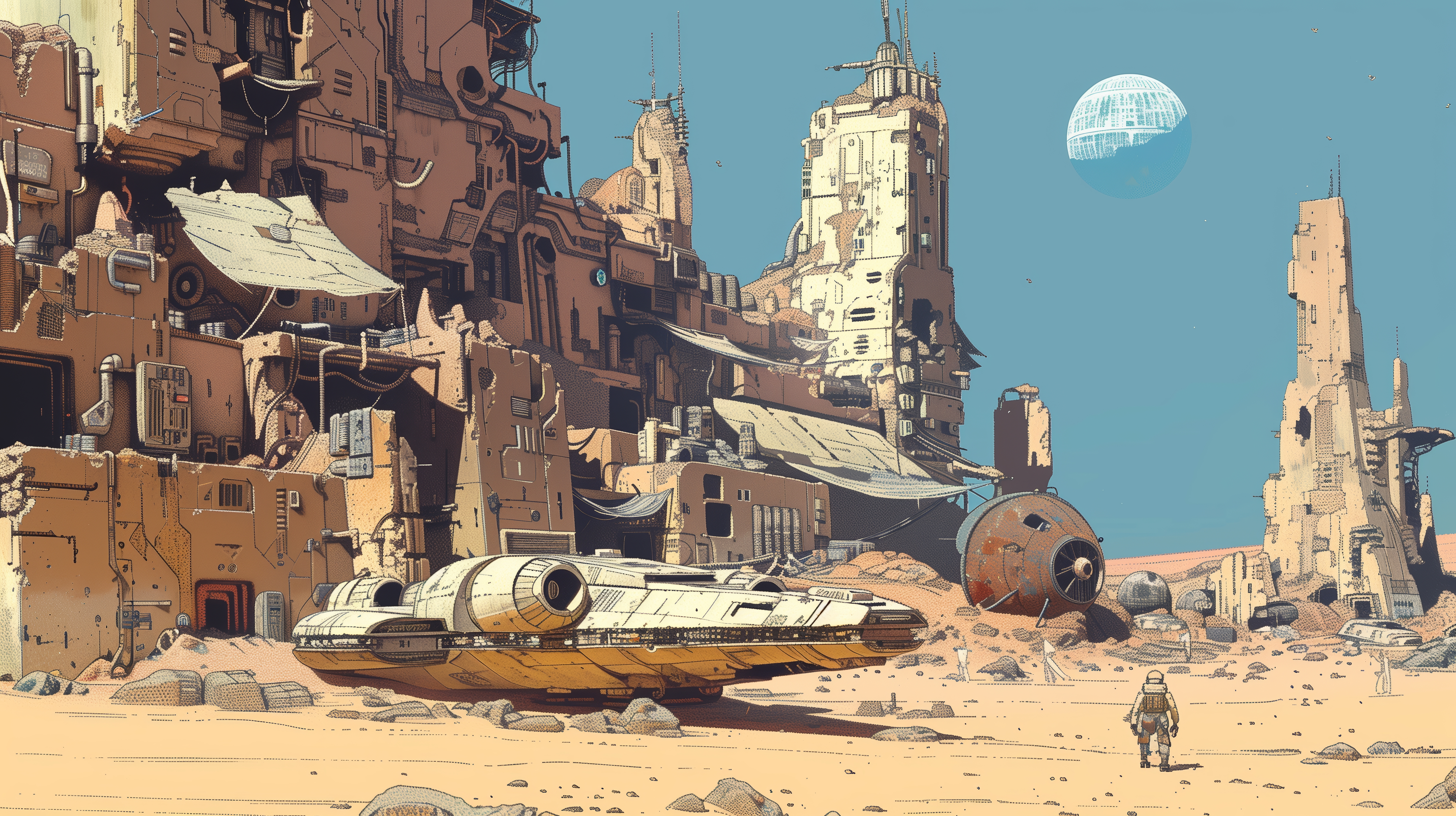 General 5824x3264 AI art illustration desert science fiction comic art spaceship Death Star clear sky standing sand sky Star Wars