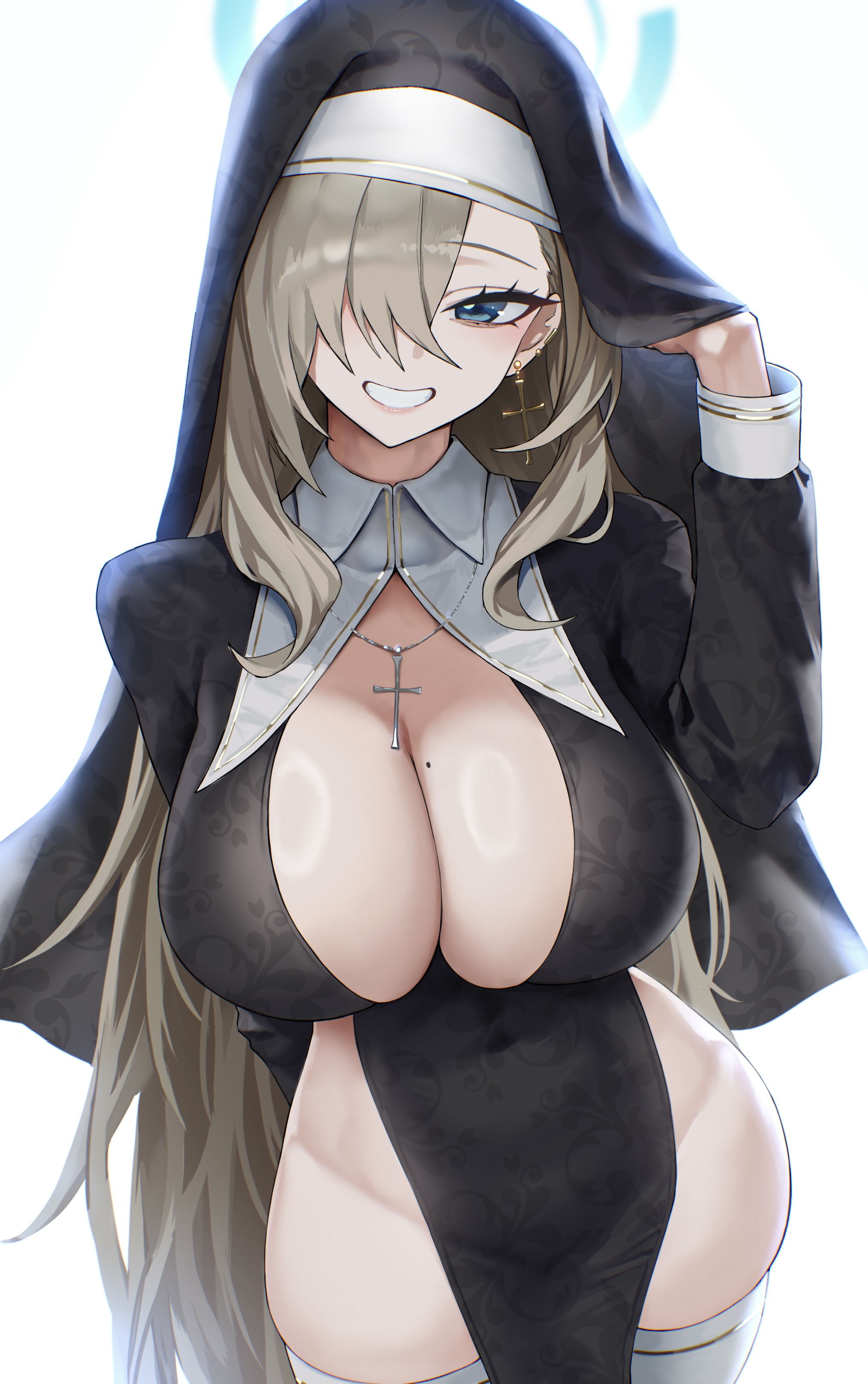 Anime 2035x3244 Blue Archive blue eyes portrait display cross Asuna Ichinose long hair blonde hair over one eye huge breasts stockings nun outfit mole on breast looking at viewer moles Kazane-wind smiling necklace headdress white background nopan simple background thighs nun's habit open mouth anime girls cleavage white thigh highs teeth cross earrings earring
