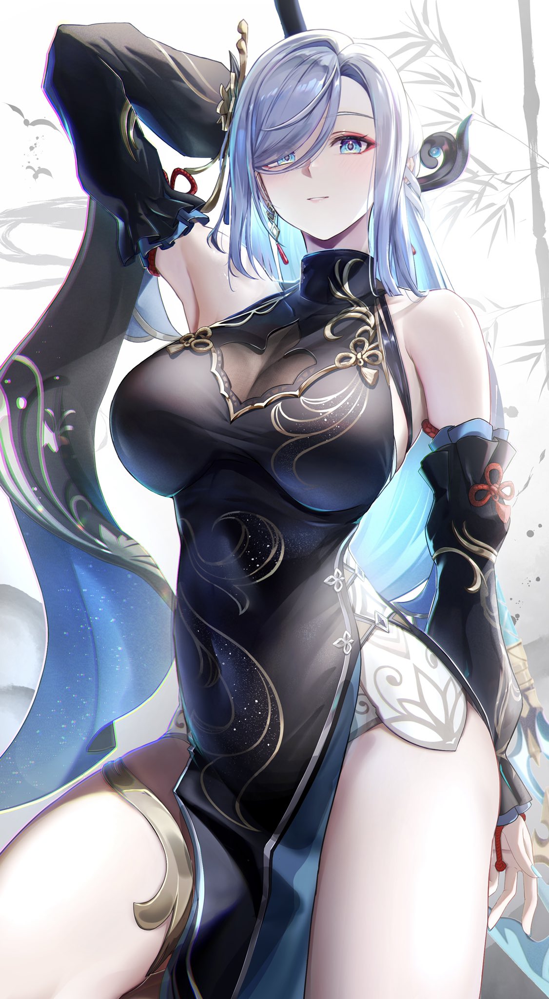 Anime 1126x2048 Genshin Impact long hair portrait display smiling Shenhe (Genshin Impact) looking at viewer armpits hair over one eye thighs Chinese dress black dress detached sleeves Otabaaa one arm up long sleeves huge breasts sleeveless parted lips light blue eyes chromatic aberration dress weapon bare shoulders