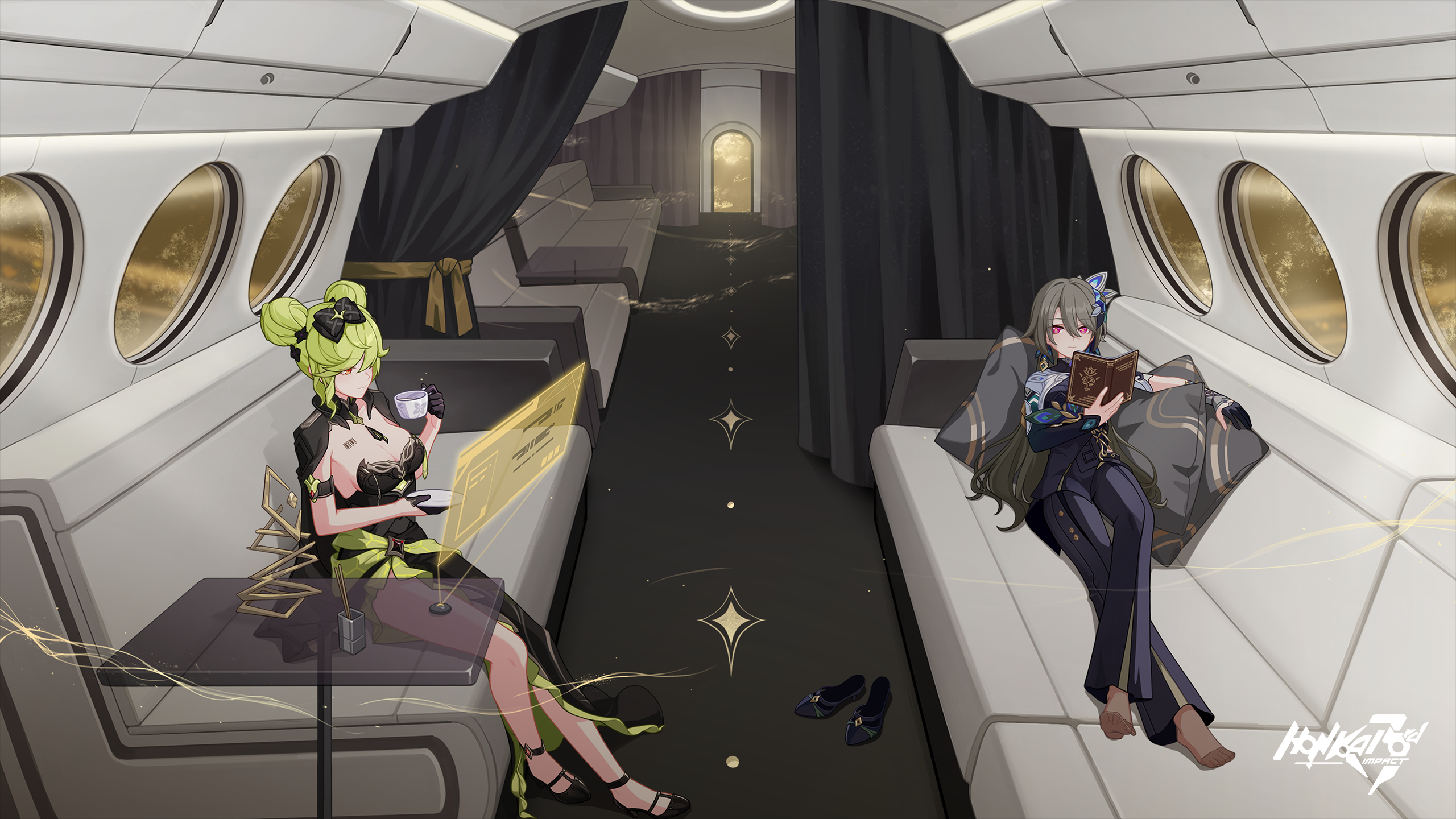 Anime 2560x1440 Honkai Impact 3rd Honkai Impact Ai Hyperion Vita (character) sitting lying down lying on back video game characters CGI video game girls reading video game art long hair hair between eyes cup video games legs crossed twin buns half gloves black gloves green hair barcode cleavage airplane aircraft title curtains heels anime games