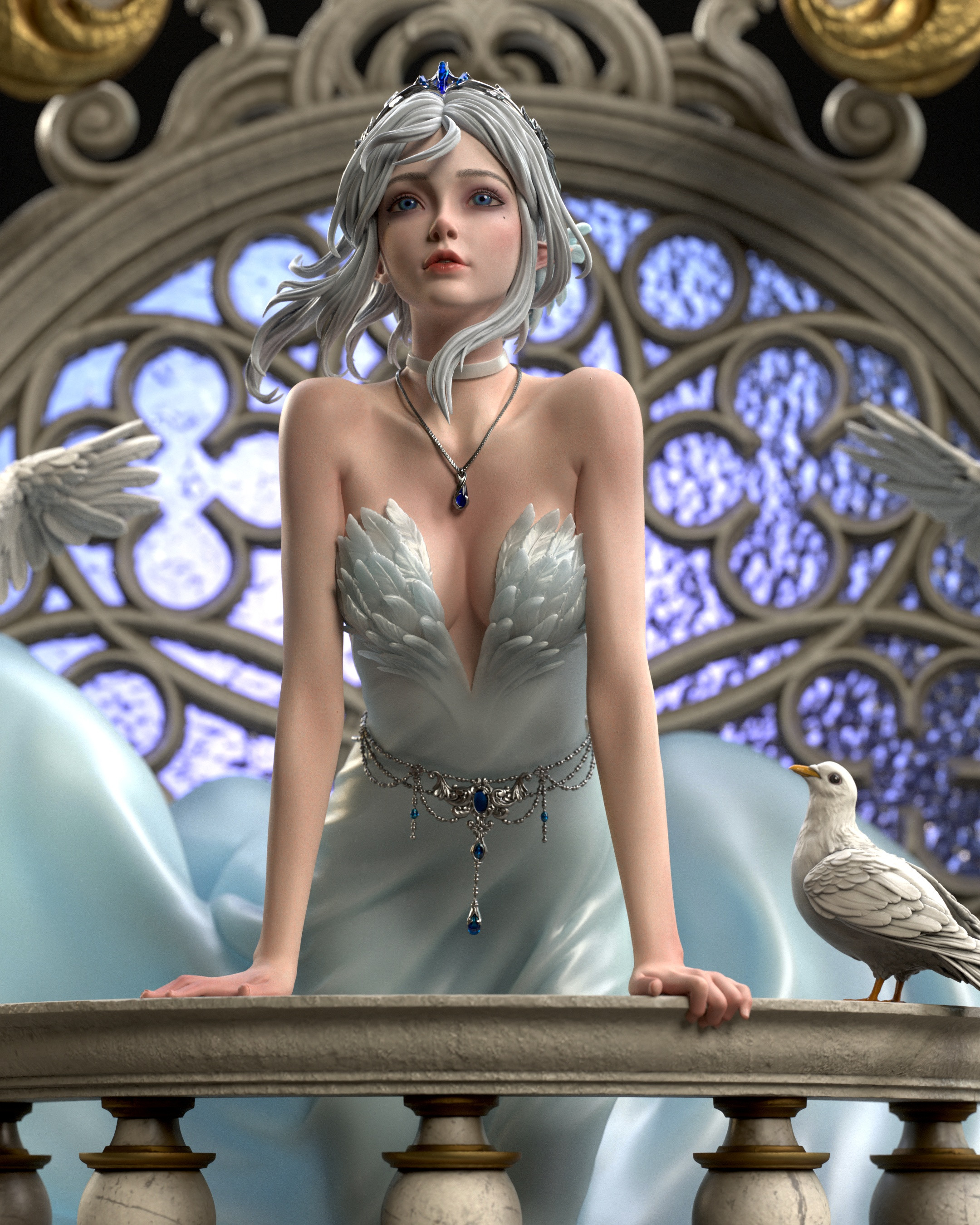 General 2160x2700 Gabriel Laet CGI women necklace pigeons portrait display leaning dress birds collarbone cleavage mole under eye moles blue eyes white hair looking away parted lips tiaras depth of field pointy ears long hair jewelry animals