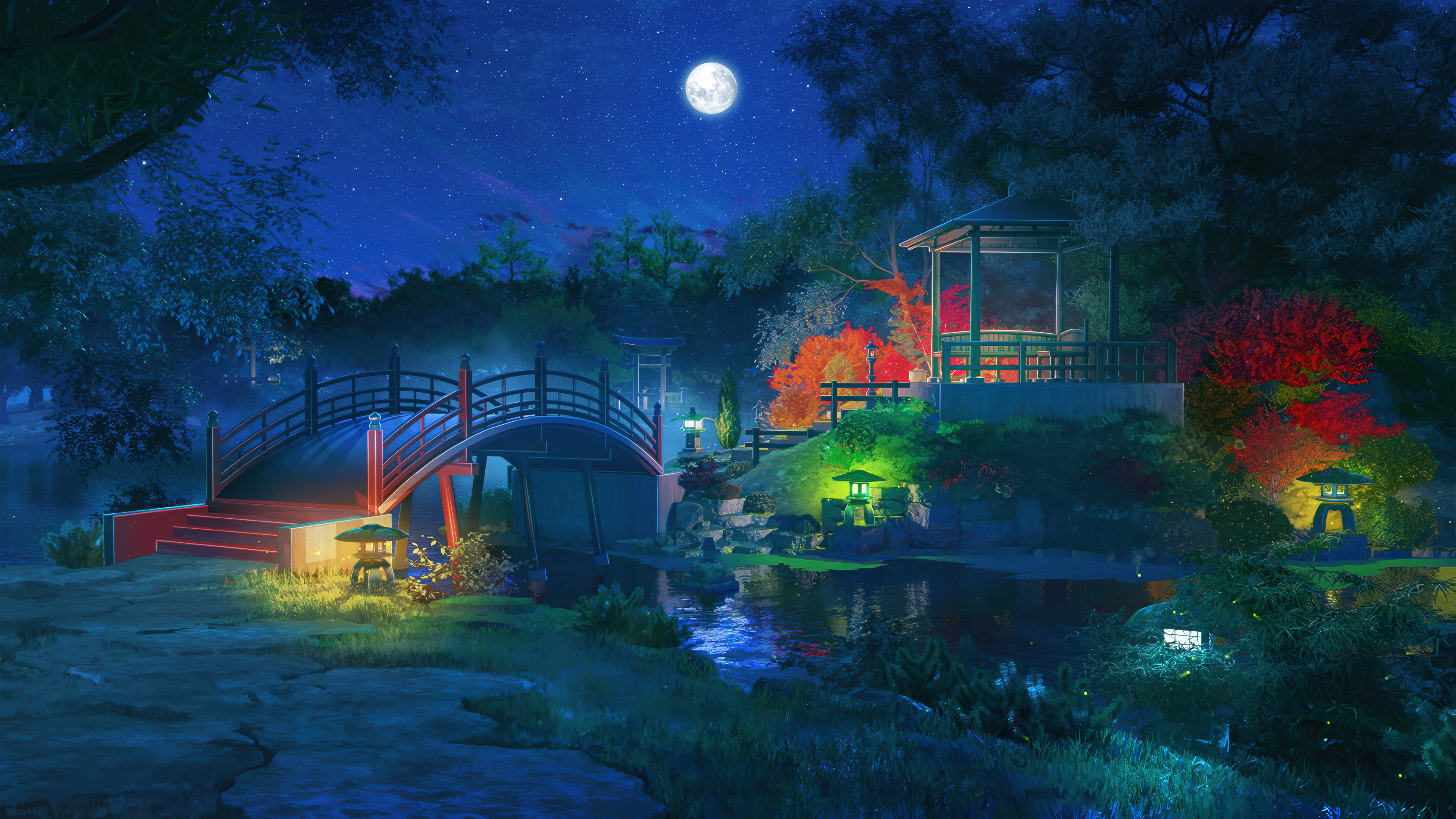General 3840x2160 digital art artwork illustration night nightscape Moon stars starred sky bridge forest nature river water trees 4K Japan