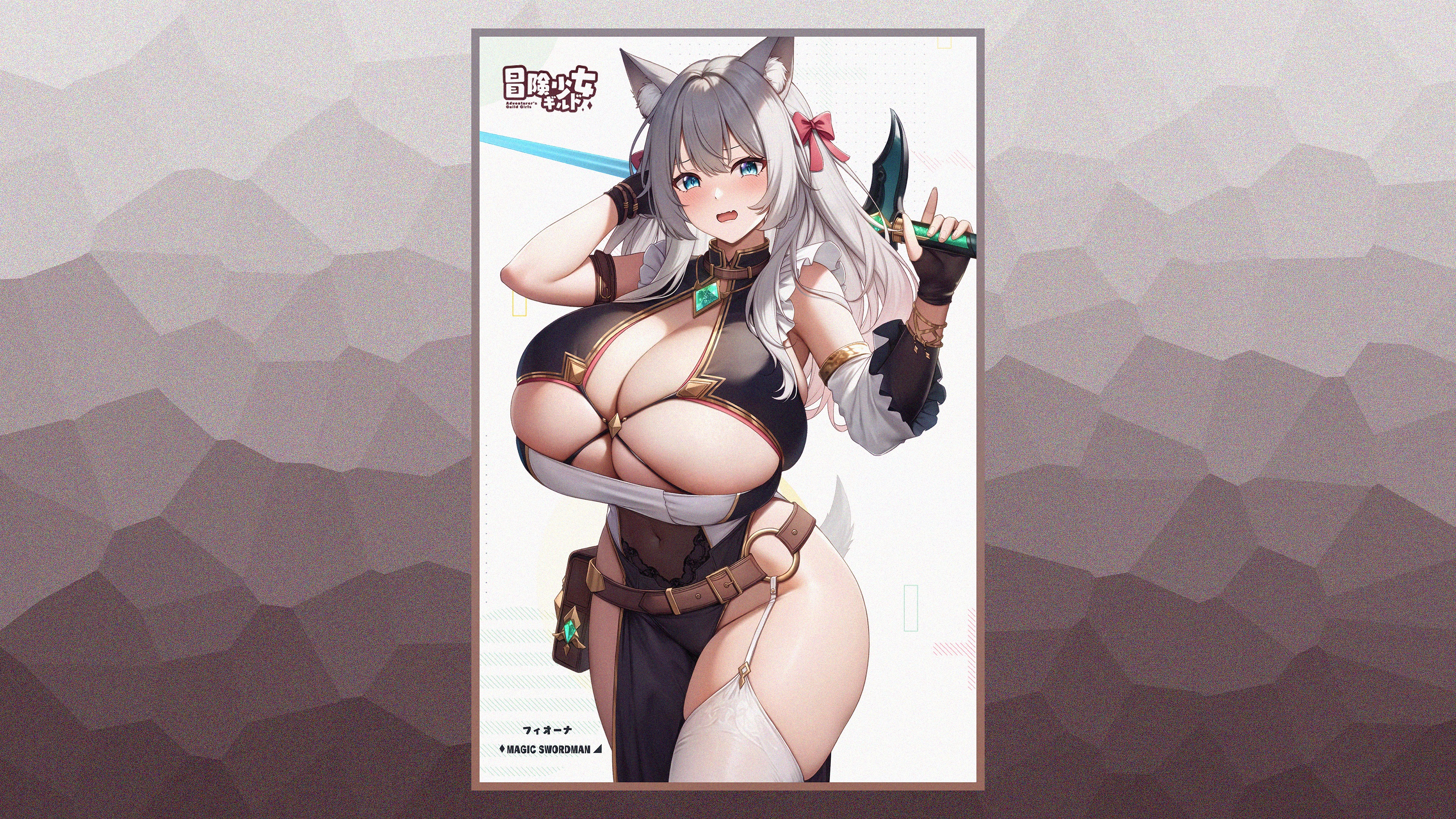Anime 3577x2012 anime anime girls mature women wide hips thighs ecchi boobs big boobs huge breasts simple background edit mature body minimalism Kannko Bokujou blushing looking at viewer long hair hair between eyes cleavage open mouth weapon sword women with swords hair bows fingerless gloves gloves black gloves skindentation white hair blue eyes white thigh highs frills bare shoulders fox girl fox ears fox tail thigh-highs garter straps hips