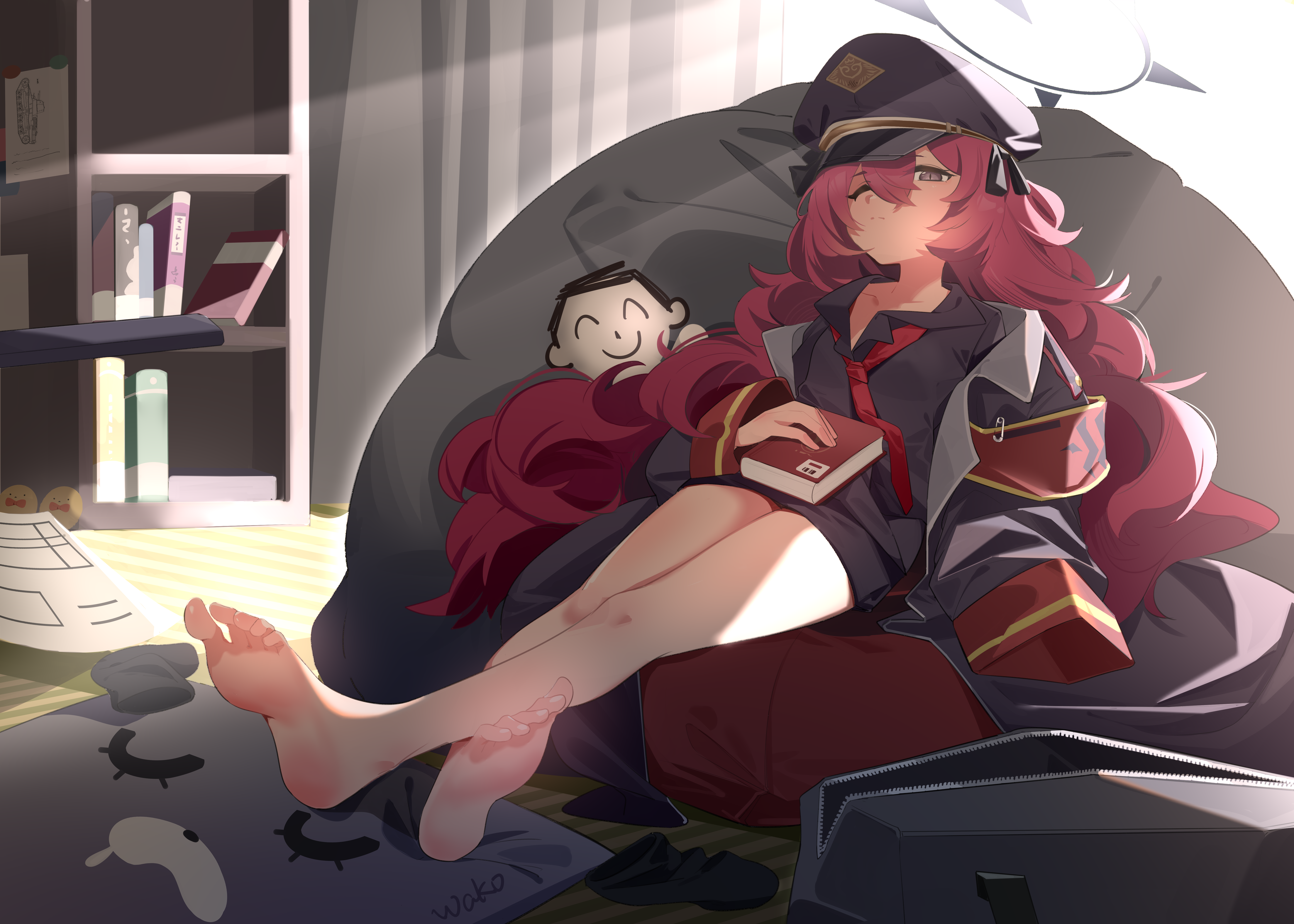 Anime 7000x5000 anime girls Natsume Iroha (Blue Archive) Blue Archive feet military uniform redhead barefoot long hair hair between eyes sitting wide sleeves feet crossed foot sole natural light one eye closed cushions Sensei (Blue Archive) toes lying down lying on back women indoors shelves uniform necktie