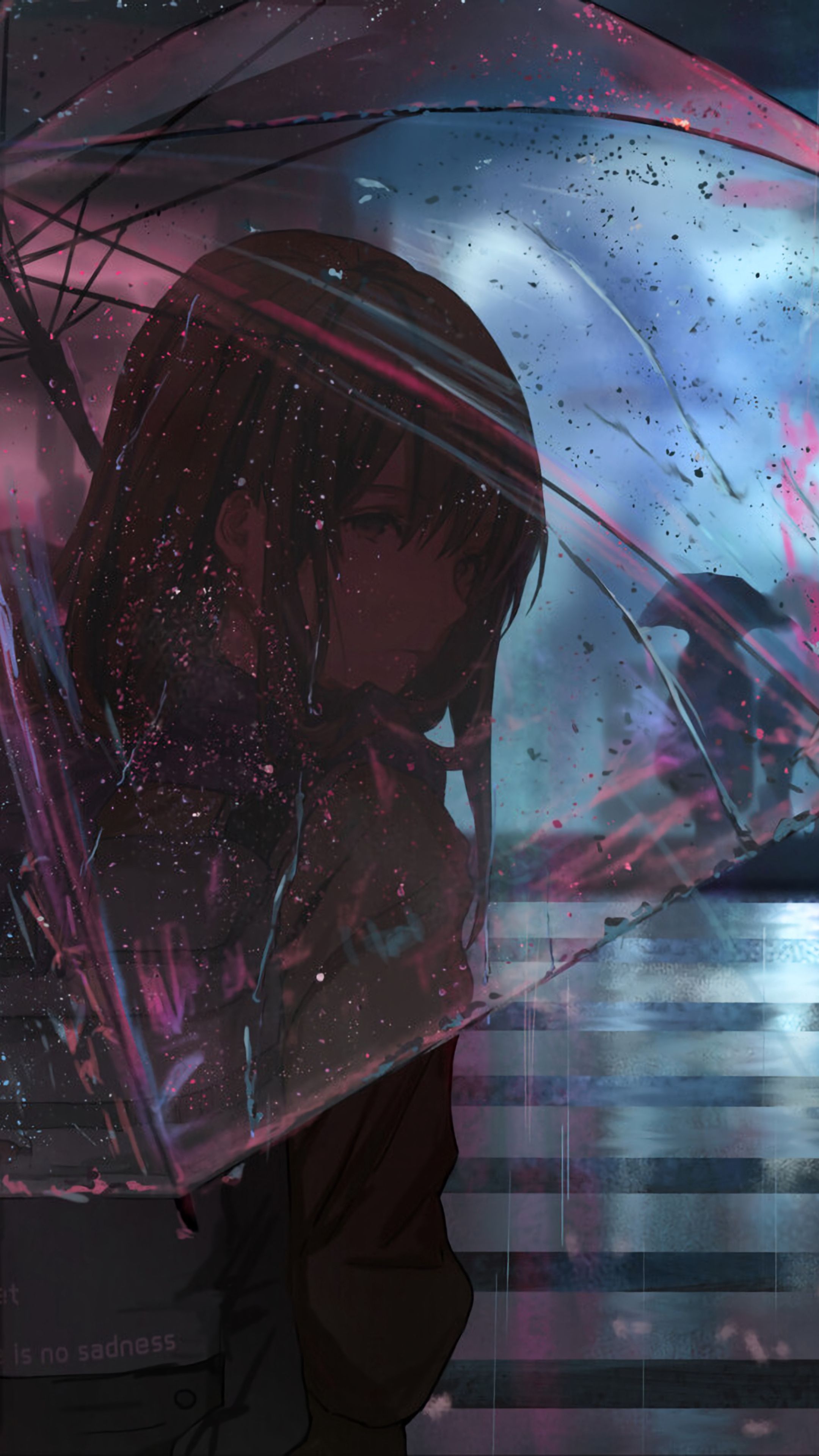 Anime 2160x3840 calm umbrella rain wet looking over shoulder crosswalk portrait display looking back long hair looking at viewer anime anime girls closed mouth