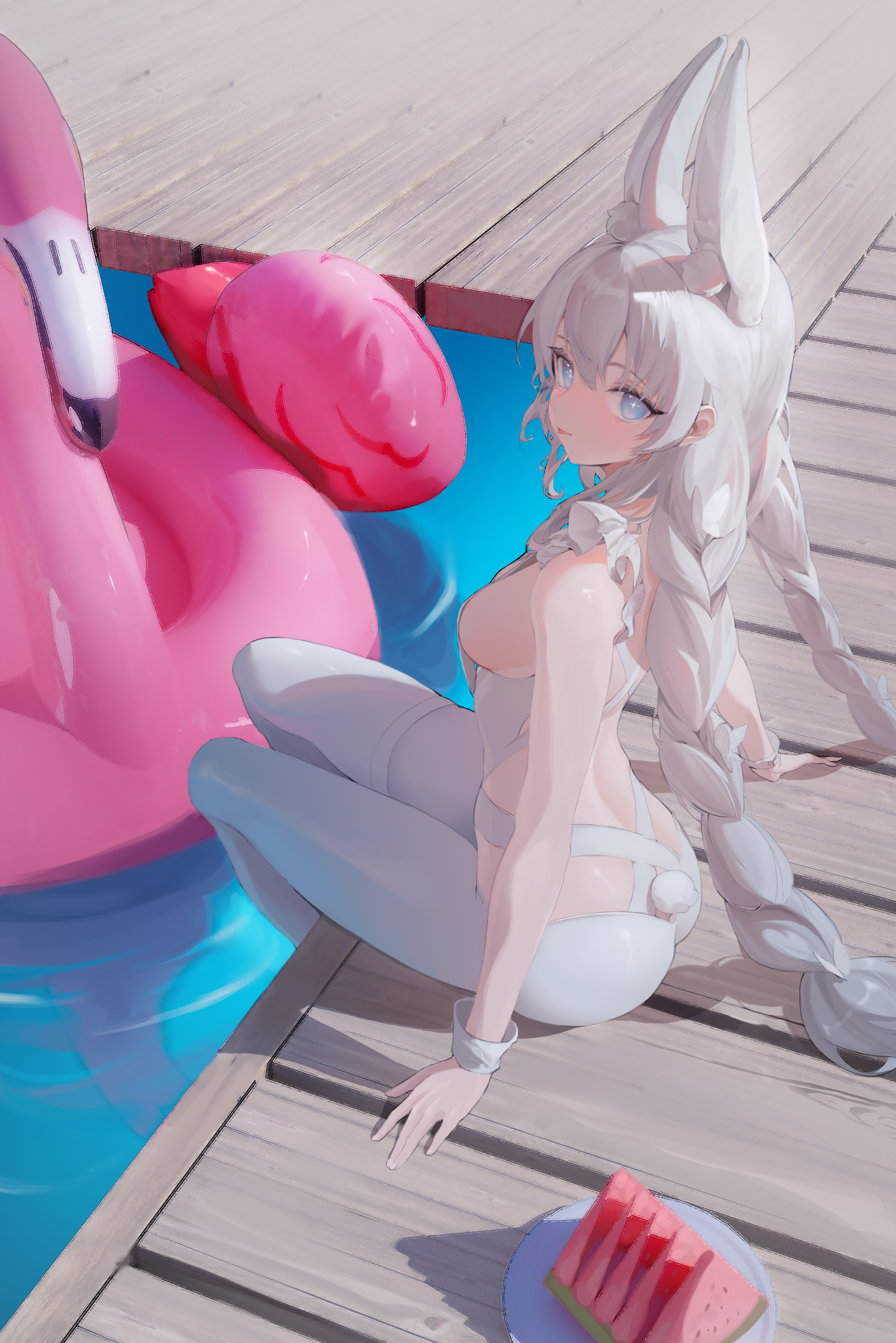Anime 3000x4497 Chong Sang Jun anime Le Malin (Azur Lane) jetty flamingo floater water anime girls Azur Lane portrait display long hair looking at viewer sitting sunlight watermelons blue eyes star eyes hair between eyes floater arched back bunny tail bunny ears bunny girl braids twintails wrist cuffs bent legs fruit skinny ass
