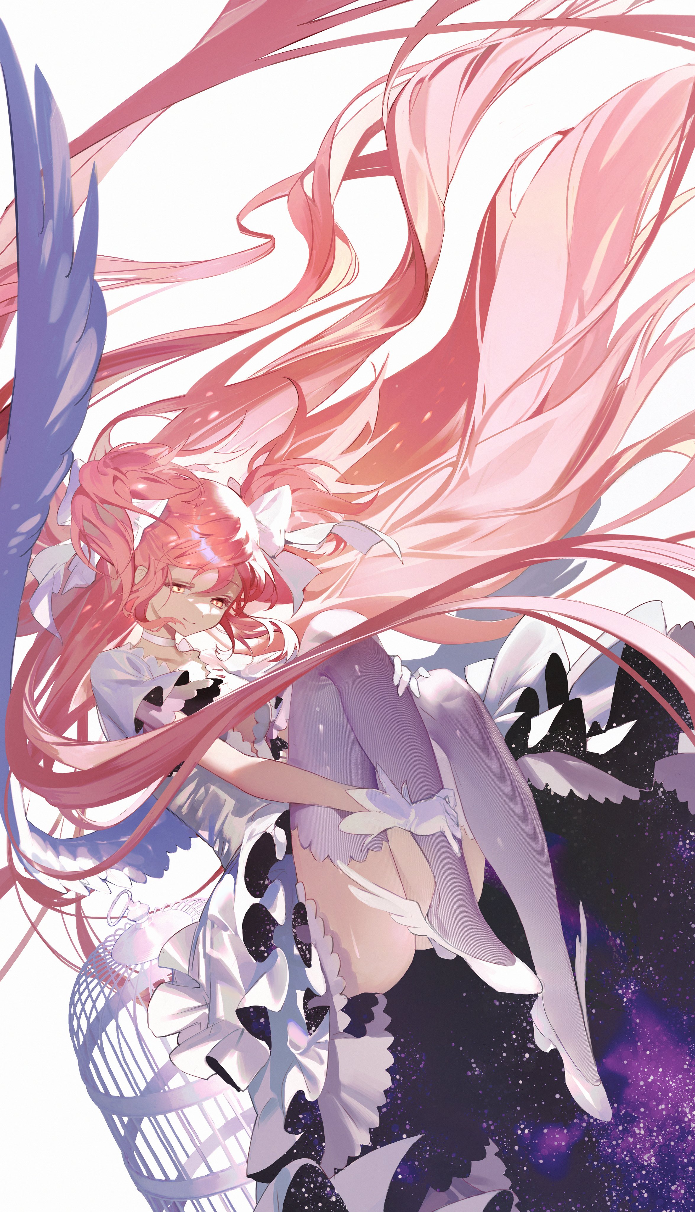 Anime 2350x4096 anime anime girls Mahou Shoujo Madoka Magica Kaname Madoka wings long hair portrait display yellow eyes closed mouth smiling pink hair gloves cages heels dress frills stockings white gloves twintails bent legs