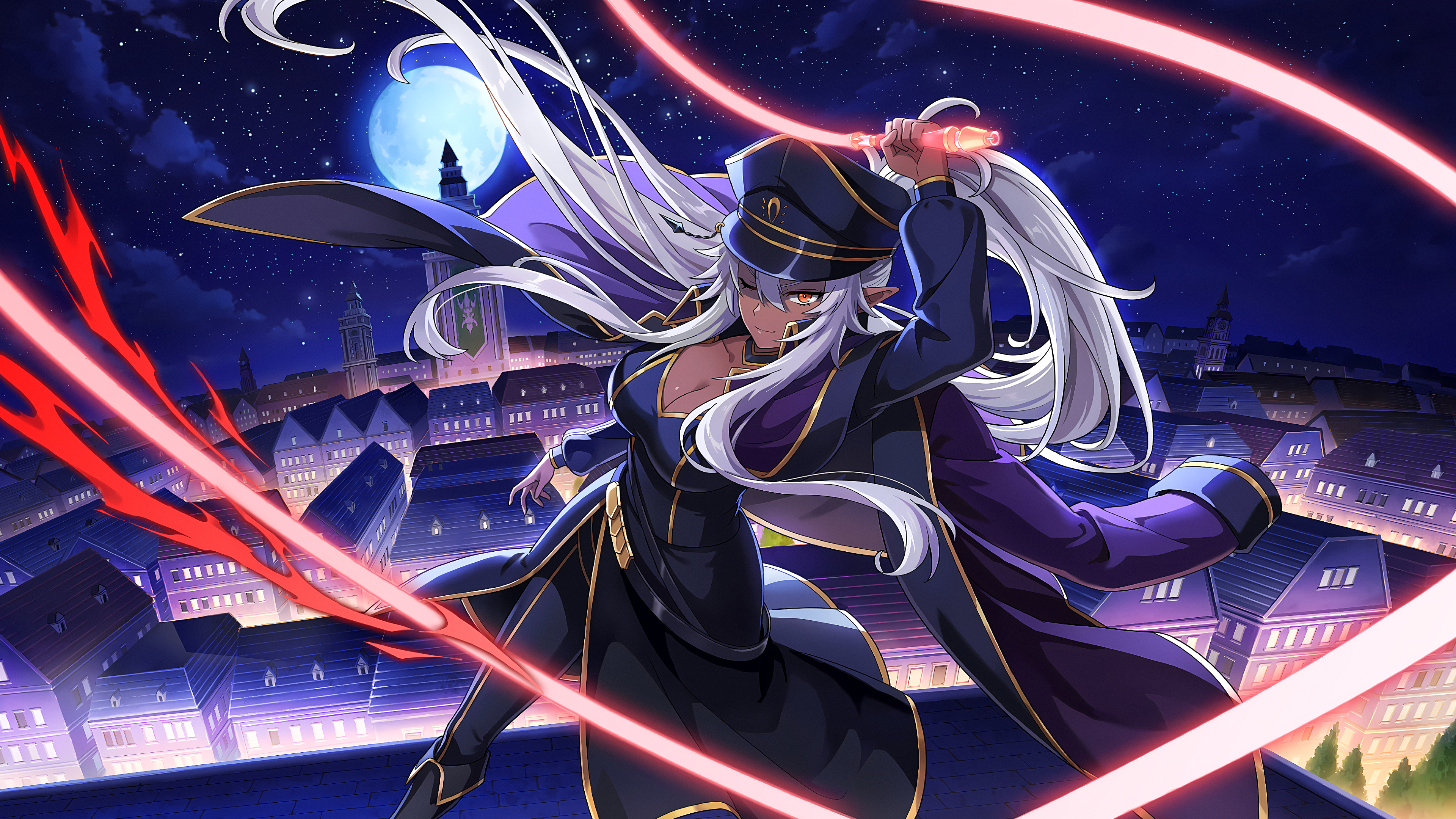 Anime 3840x2160 The Eminence in Shadow Shadow Garden anime Lambda (Shadow Garden) dark elf looking at viewer anime girls moonlight Moon night sky city lights cityscape building pointy ears cleavage dark skin closed mouth city uniform stars whips long hair one eye closed big boobs