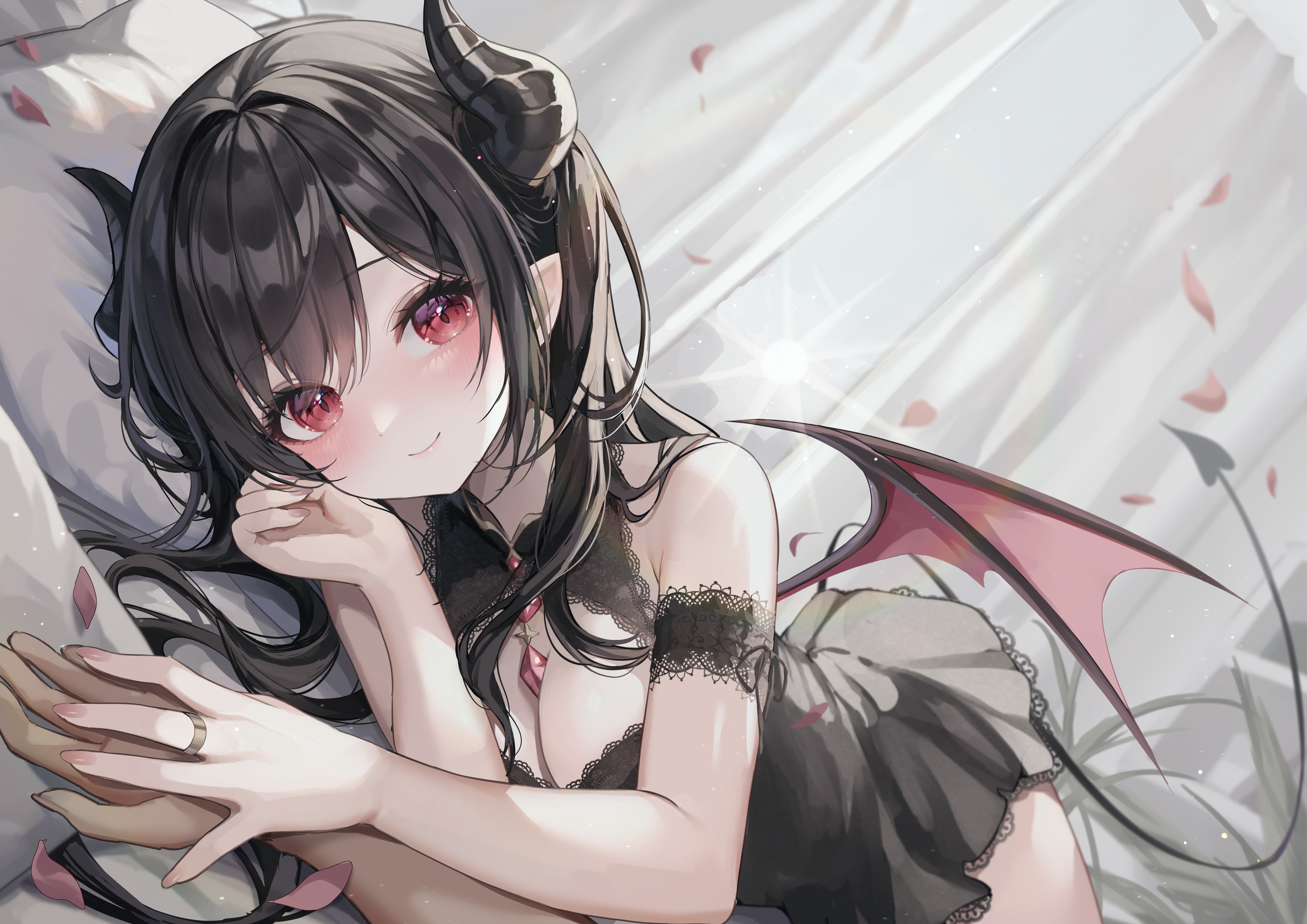 Anime 6167x4360 big boobs demon lying down lying on side looking at viewer wings horns smiling bed blushing pointy ears anime girls sunlight pillow in bed tail demon girls demon horns demon tail dress black hair red eyes Kudou