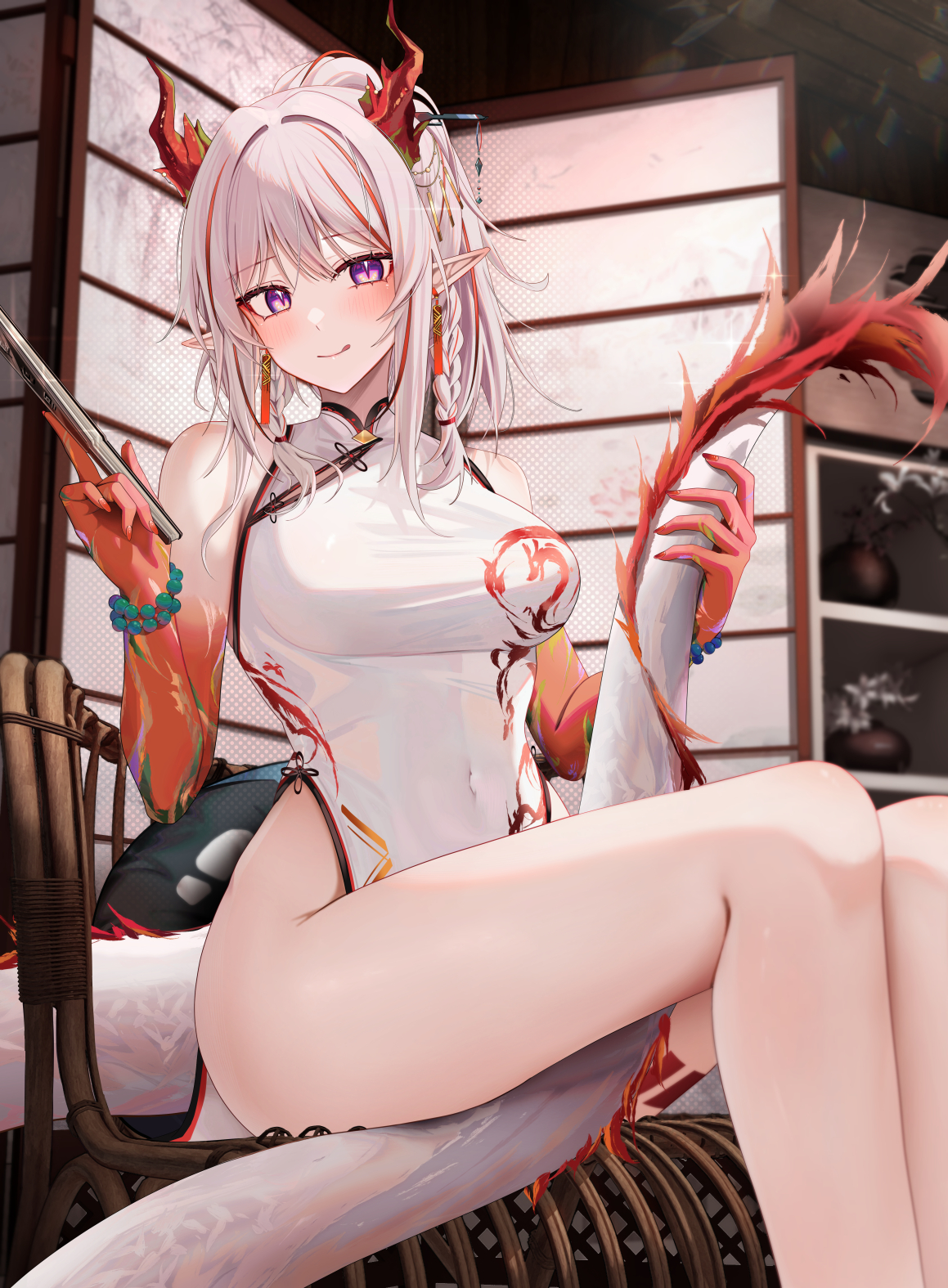 Anime 1159x1575 Arknights Nian(Arknights) anime girls cheongsam dragon girl sitting thighs smiling portrait display blushing pointy ears braids two tone hair purple eyes looking at viewer legs dragon tail dragon horns tongue out Chinese dress big boobs bare shoulders