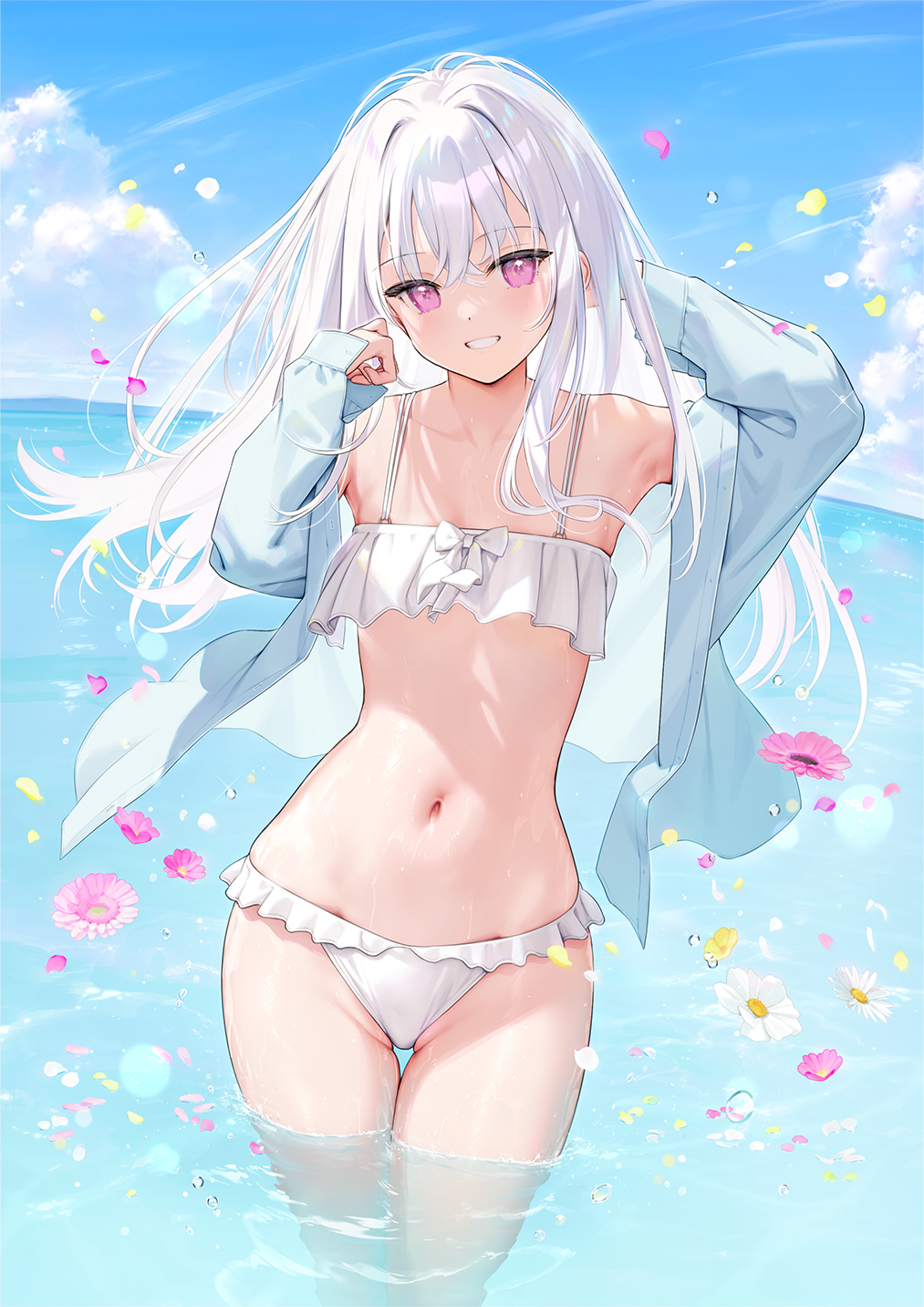 Anime 1013x1433 Mignon (artist) portrait display white bikini open shirt Shiro-chan (Mignon) sky standing in water water pink hair small boobs smiling looking at viewer swimwear pink flowers flowers women outdoors purple eyes blue shirt white hair parted lips petals bare shoulders horizon sunlight clouds open clothes digital art