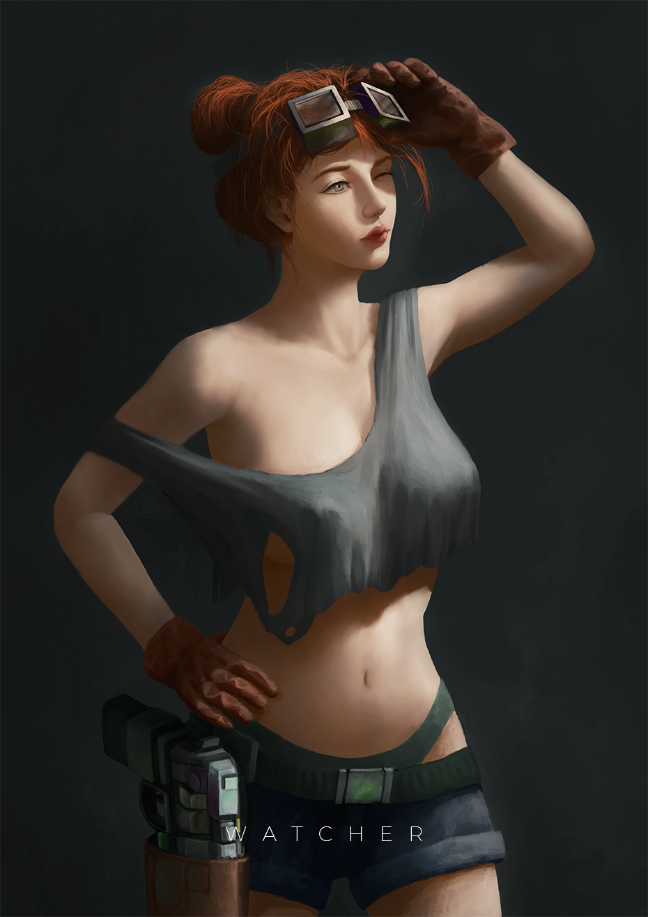 General 930x1316 drawing belly nipples through clothing women portrait display gloves hands on hips looking away goggles one eye closed redhead belly button minimalism simple background no bra armpits