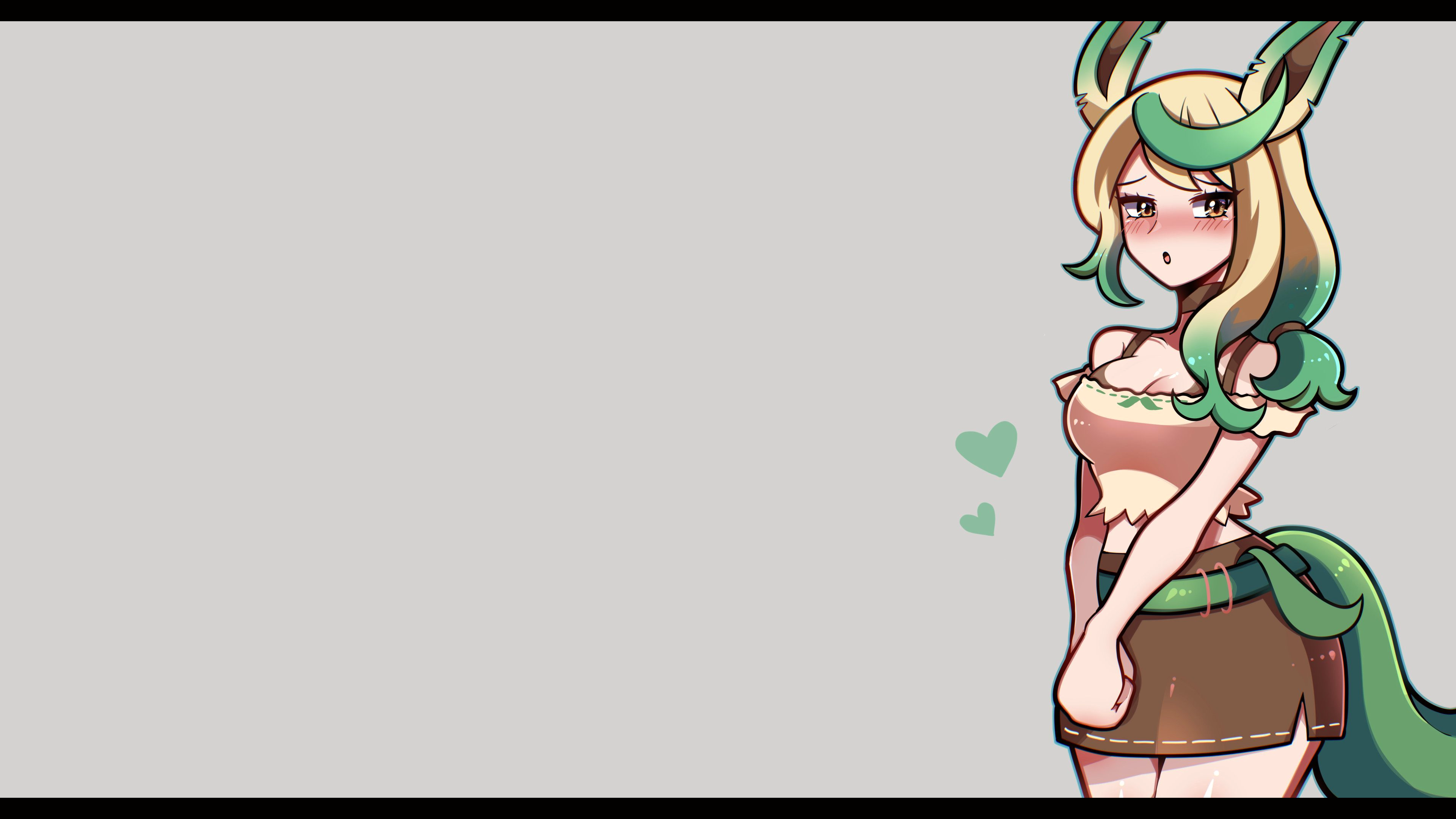 Anime 3840x2160 anime girls Pokémon Gijinka Leafeon Eevee Eeveelutions animal ears cleavage white tops embarrassed looking at viewer long hair hand(s) between legs thighs bare shoulders blonde bangs simple background video game girls belly bare midriff heart (design) green hair Nintendo video games skirt tail thighs together minimalism blushing two tone hair gradient hair