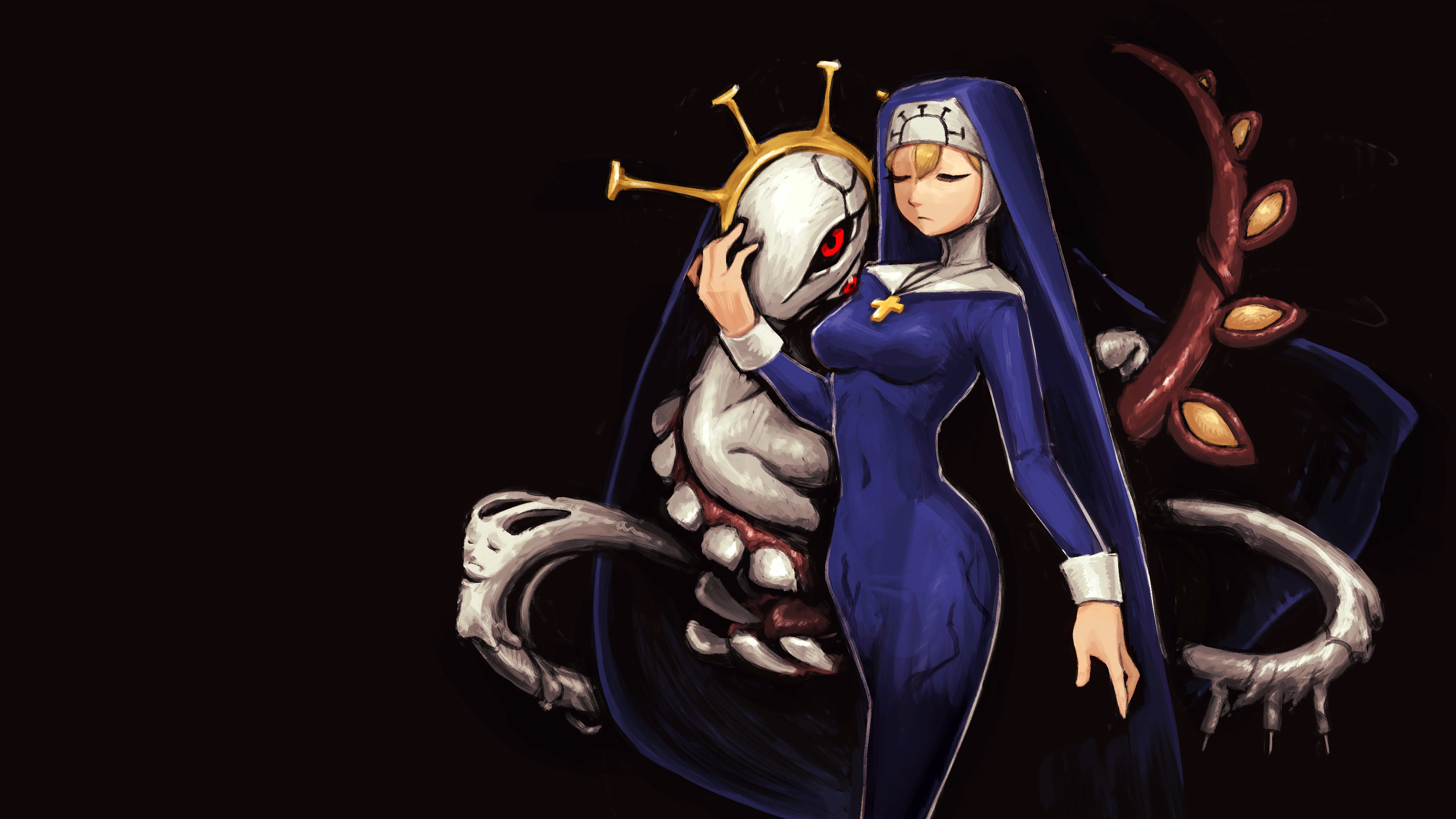Anime 3840x2160 blonde video games video game girls Skullgirls Double (Skullgirls) nuns caressing tight clothing hair ornament nun outfit black background necklace tentacles closed eyes cross simple background minimalism standing