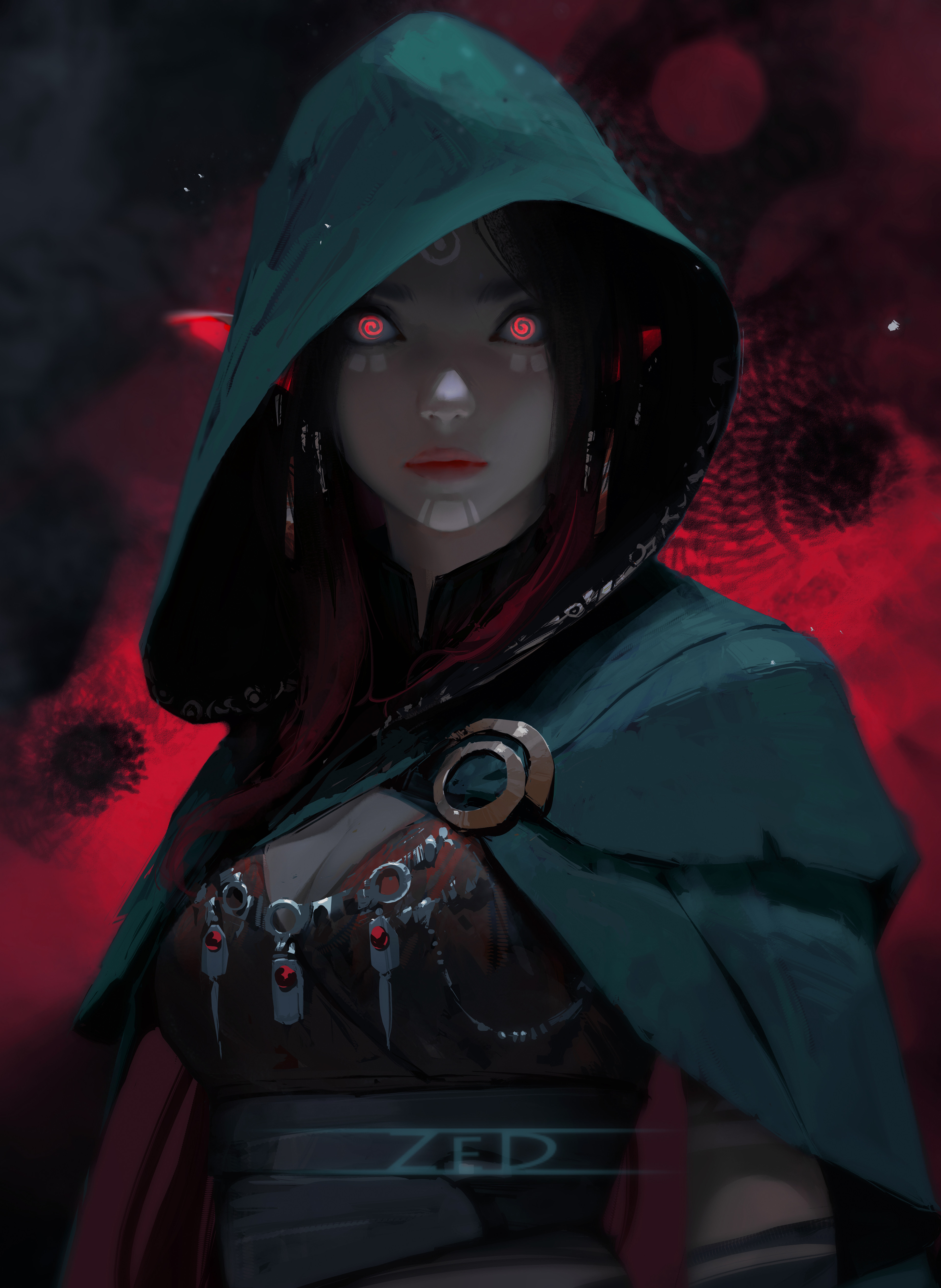 General 3840x5254 Trungbui drawing women hoods pointy ears red eyes cape spiral red portrait display