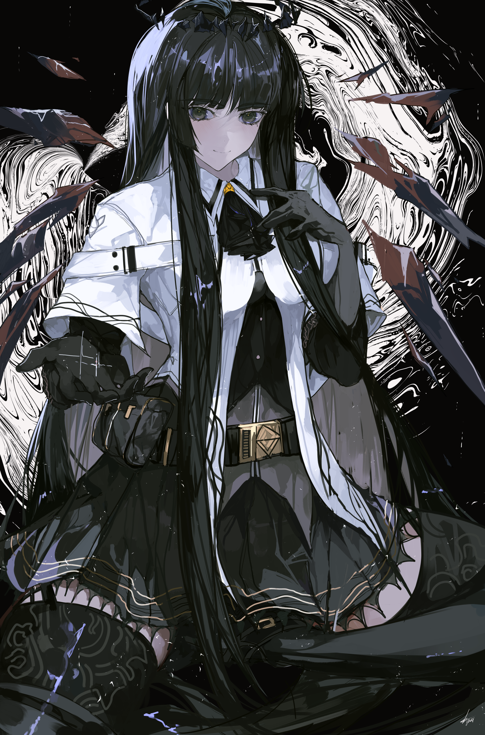 Anime 1672x2535 black eyes long hair black hair white jacket black thigh-highs Arknights black gloves black wings halo virtuosa (arknights) black skirts anime girls portrait display smiling closed mouth signature looking at viewer gloves arms reaching stockings