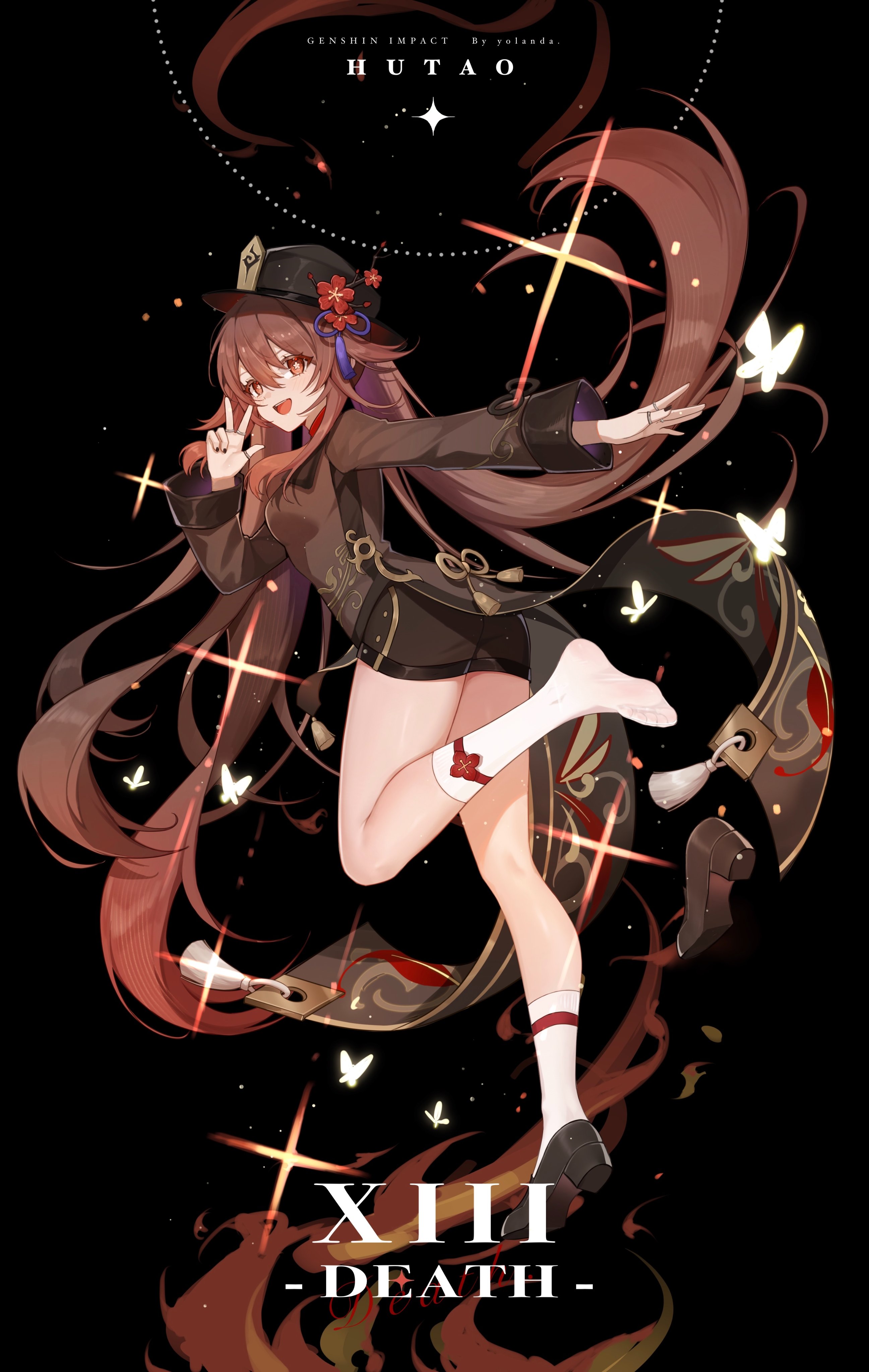 Anime 2593x4096 Hu Tao (Genshin Impact) tarot anime girls white socks fan art character design  long hair brunette brown eyes Genshin Impact hat butterfly insect open mouth peace sign simple background socks black background twintails Yolanda signature