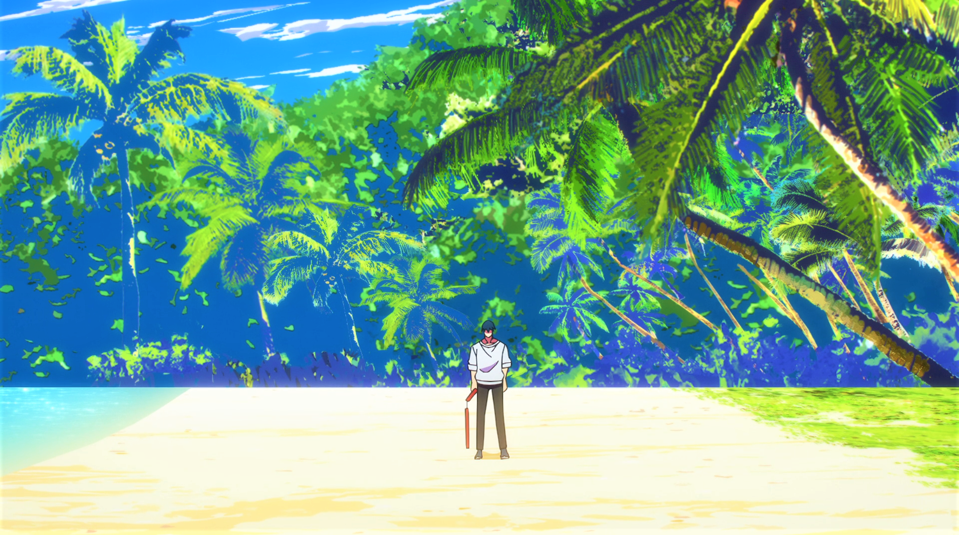 Anime 1920x1071 Jujutsu Kaisen Fushiguro Toji Nunchucks sweater palm trees trees beach sky anime anime screenshot anime boys clouds standing sand