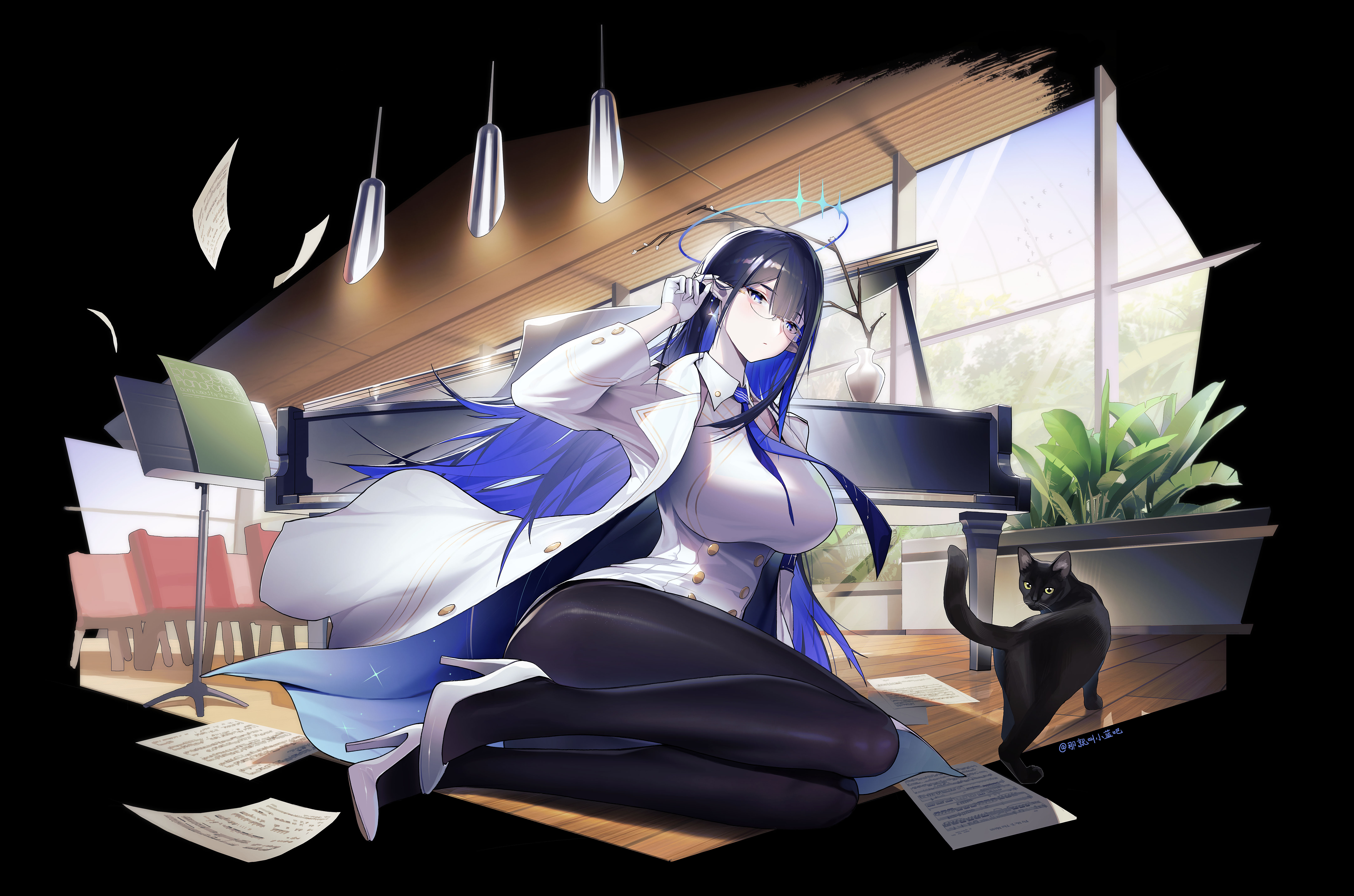 Anime 6503x4305 Pixiv anime girls Nanagami Rin (Blue Archive) looking at viewer anime musical instrument cats pointy ears long hair huge breasts leaves watermarked paper indoors women indoors window piano heels jacket Blue Archive gloves animals wood floor pantyhose minimalism simple background glasses chair