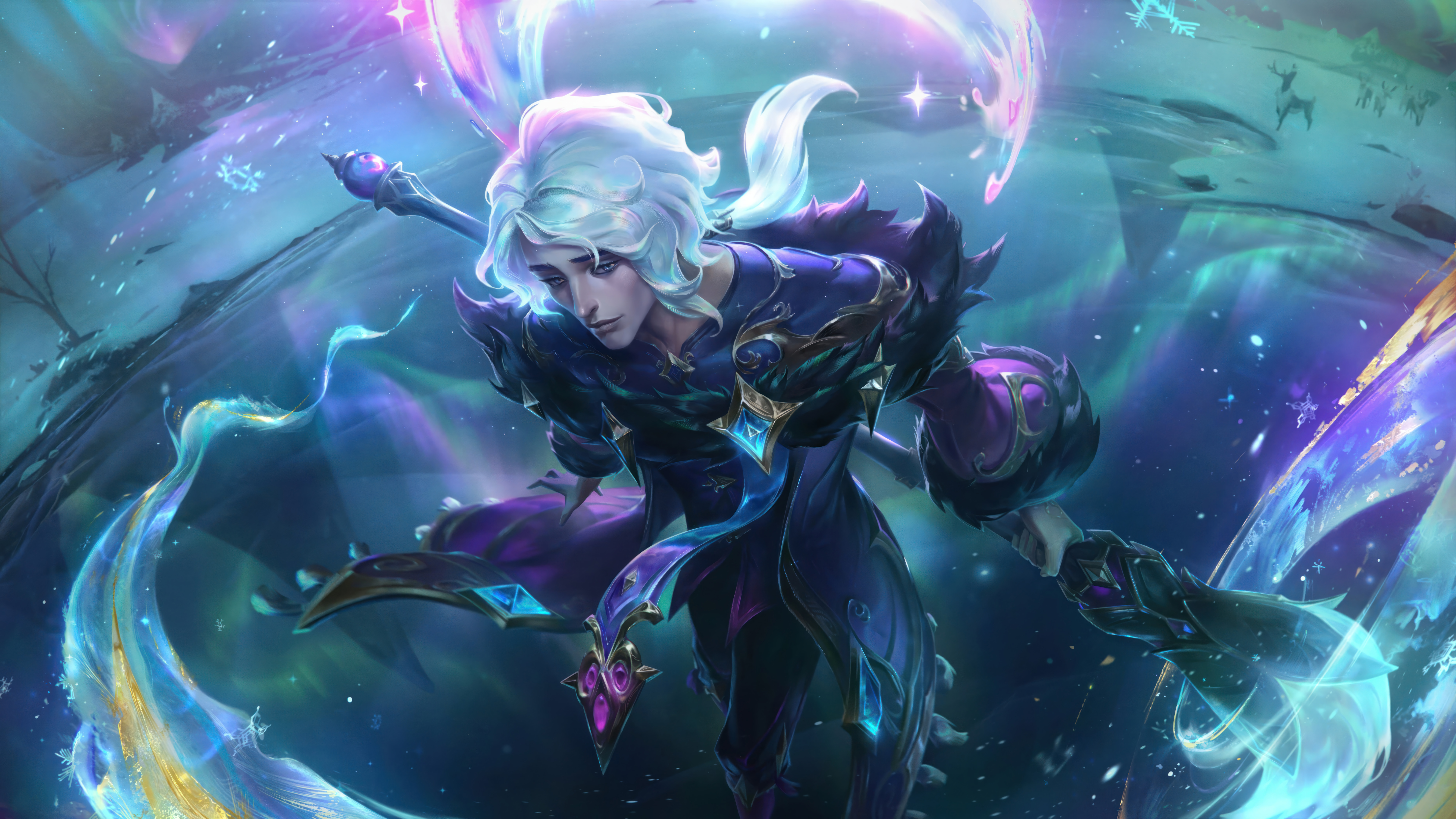 General 7680x4320 Winterblessed (League of Legends) Hwei (League of Legends) League of Legends digital art Riot Games GZG video games video game characters 4K video game art water video game boys snow aurorae paint brushes