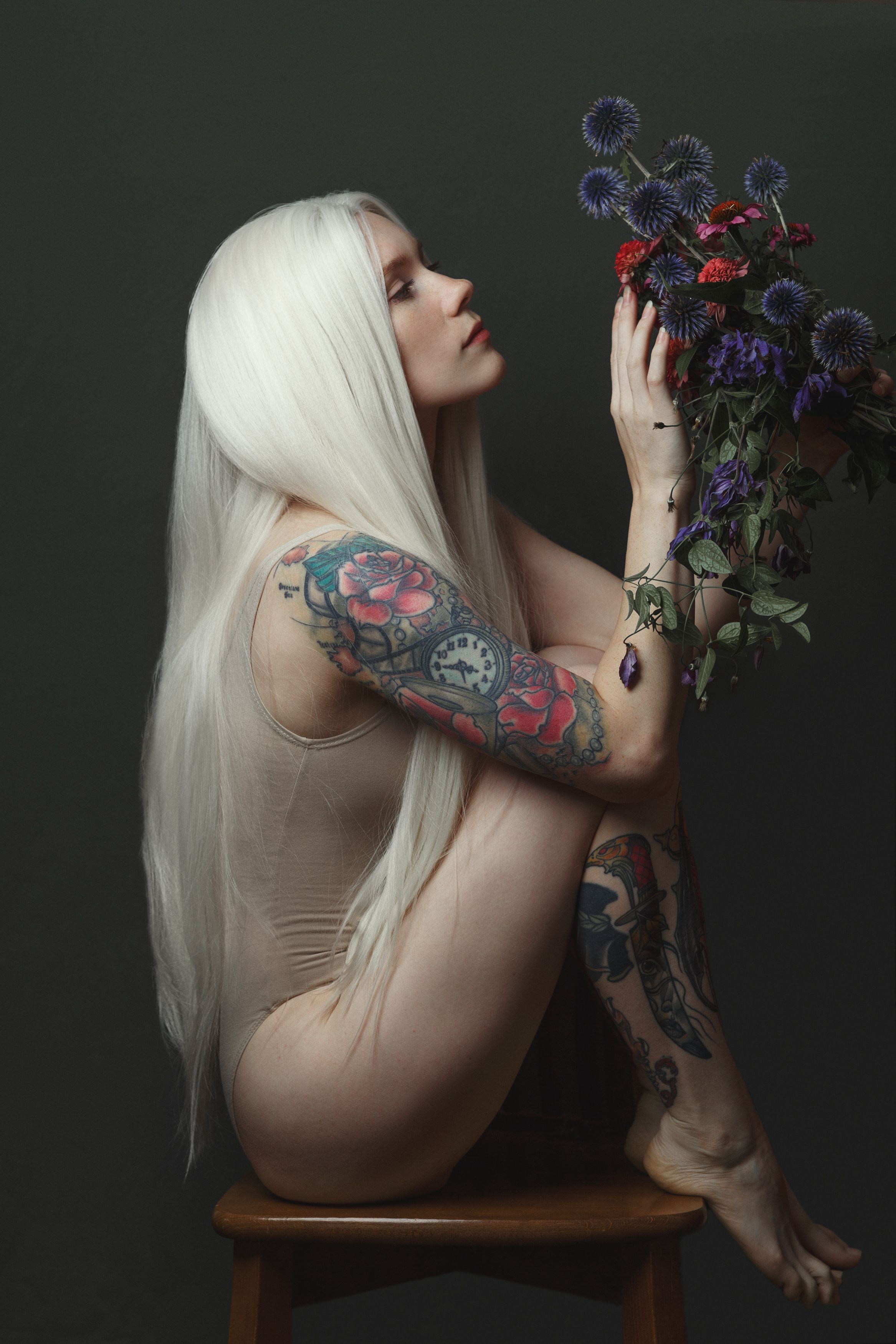 People 2334x3500 Oxana Vedmedenko women tattoo profile flowers white hair portrait display simple background