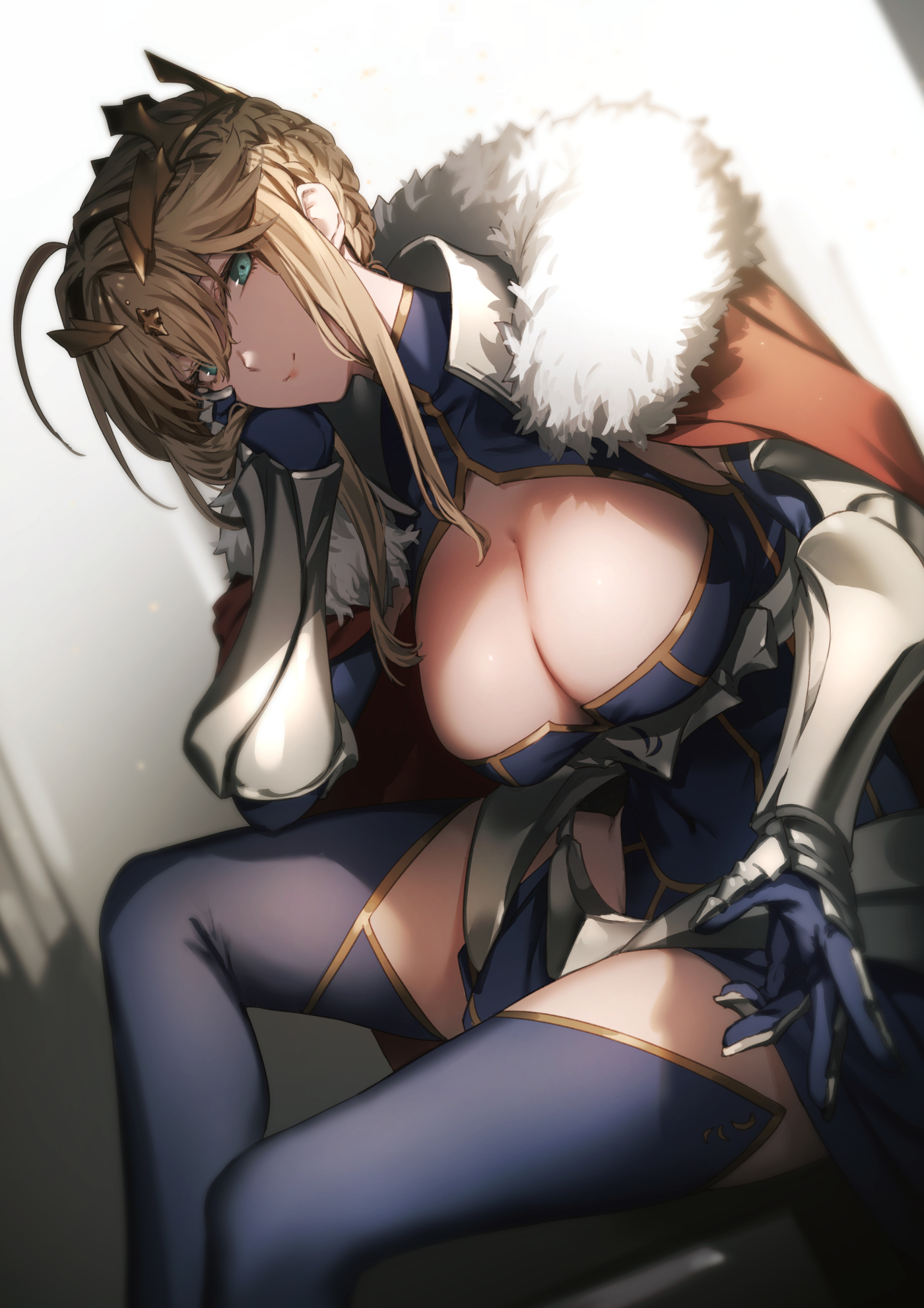 Anime 1400x1980 anime anime girls Pixiv Artoria Pendragon portrait display Fate series looking at viewer cleavage huge breasts smiling blonde braids sitting blue eyes hand on face armor cape simple background