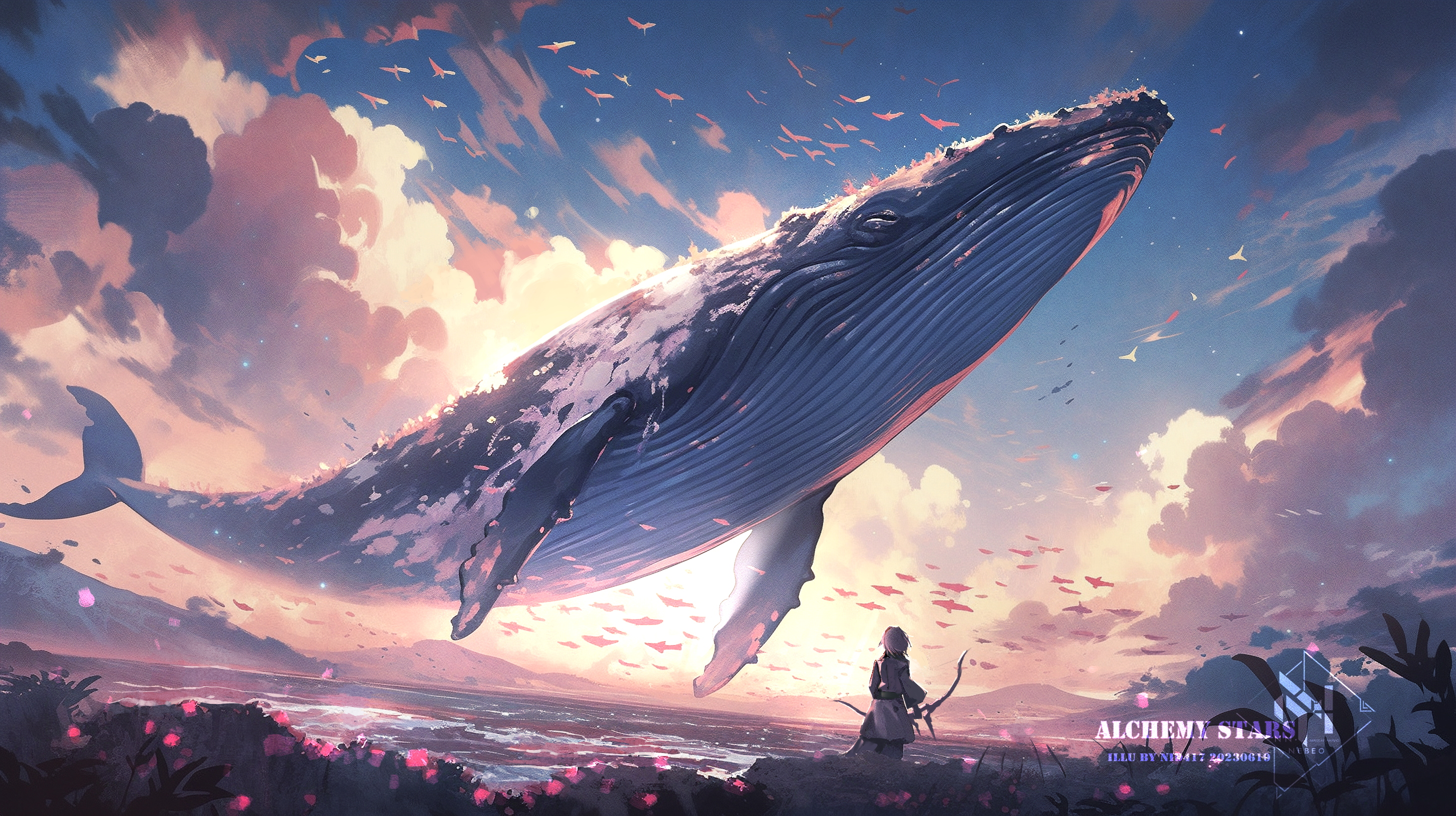 General 2912x1632 Pixiv flying whales Alchemy Stars digital art watermarked whale sky clouds water standing animals leaves sunlight birds