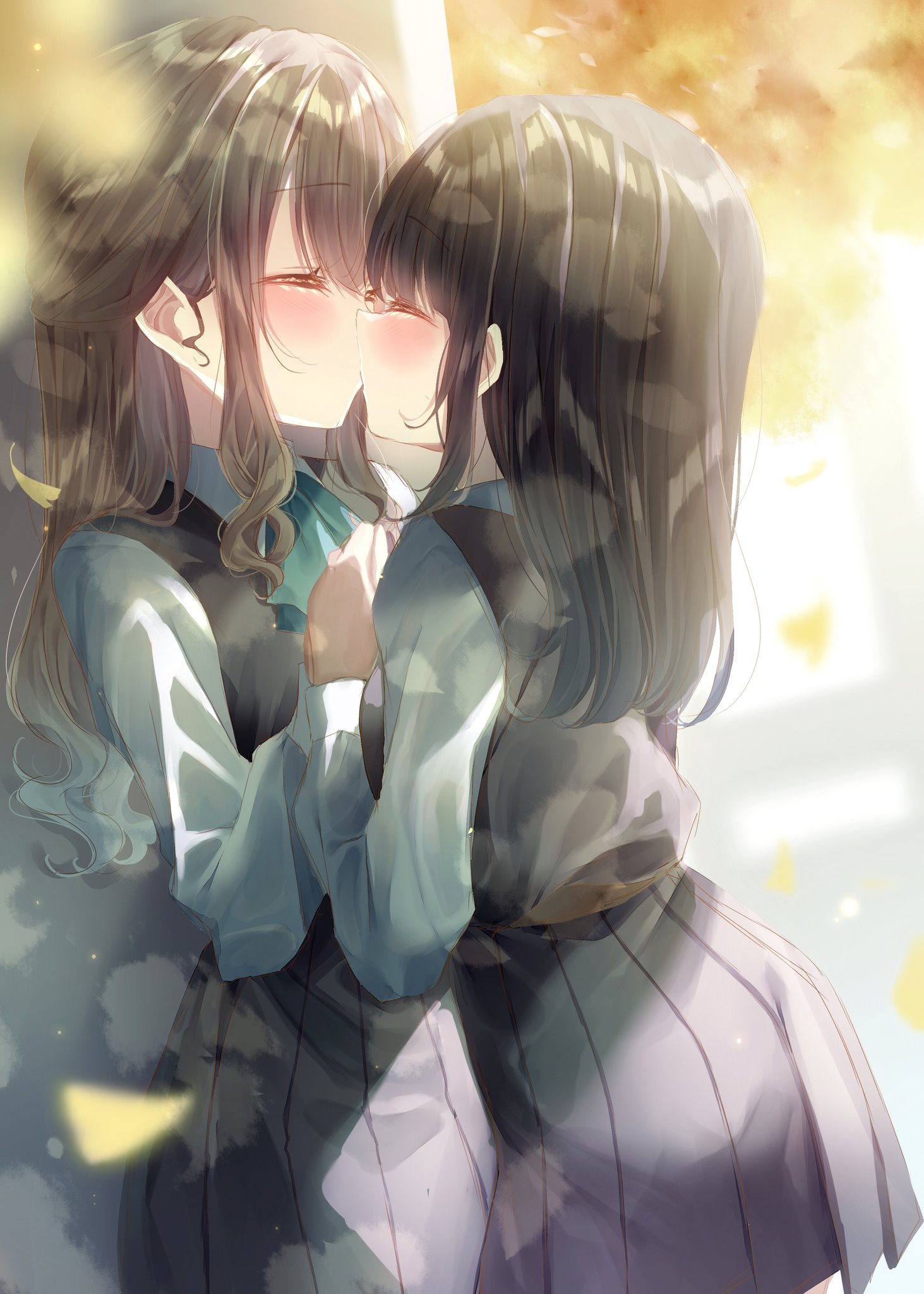 Anime 1463x2048 anime anime girls kissing portrait display schoolgirl school uniform blushing closed eyes long hair leaves yuri lesbians sunlight